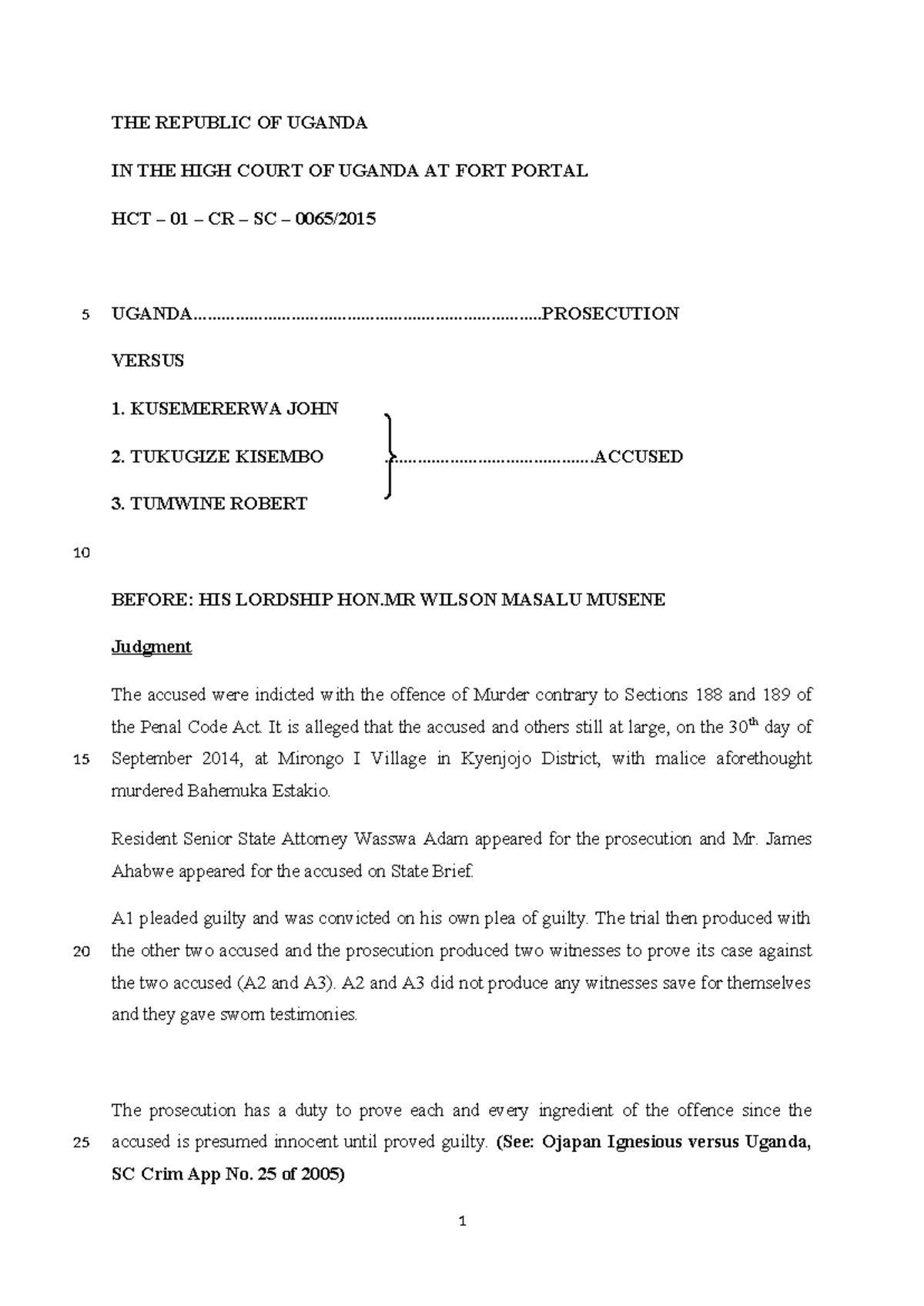 Uganda v Kusemererwa & Ors: High Court Murder Judgment HCT 01 CR SC 5 ...