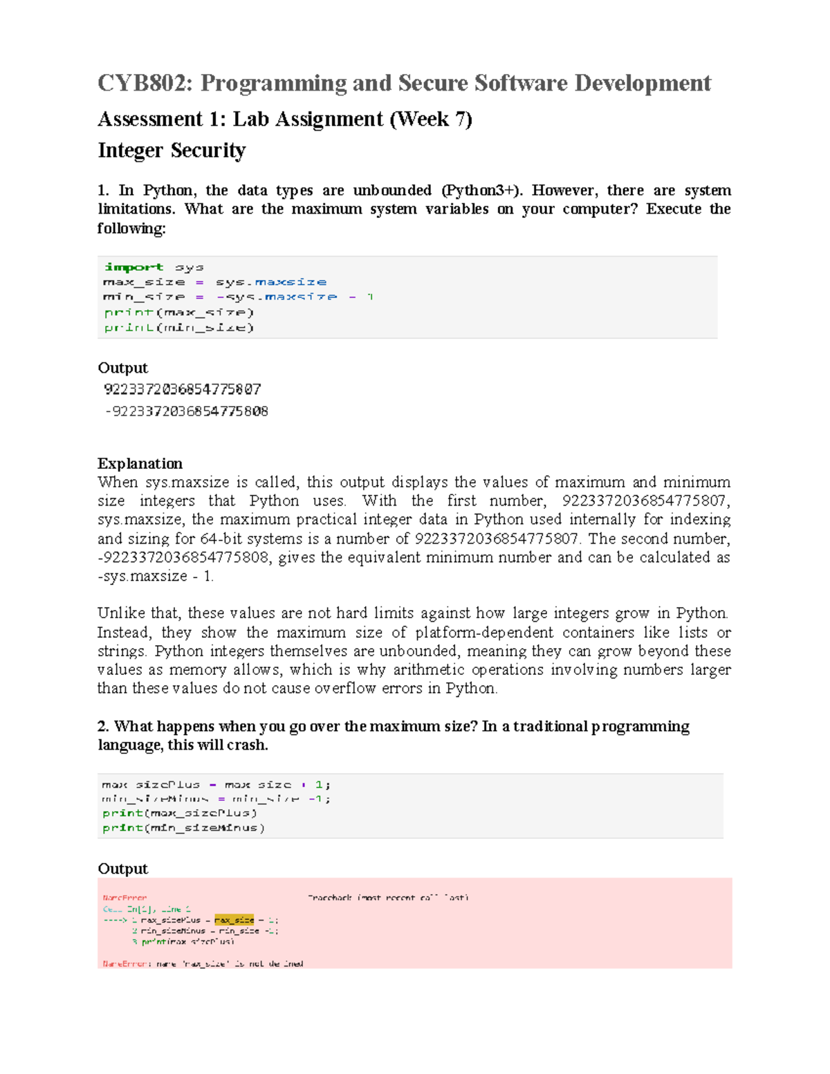 CYB802: Week 7 Lab Assignment on Integer Security in Python - Studocu