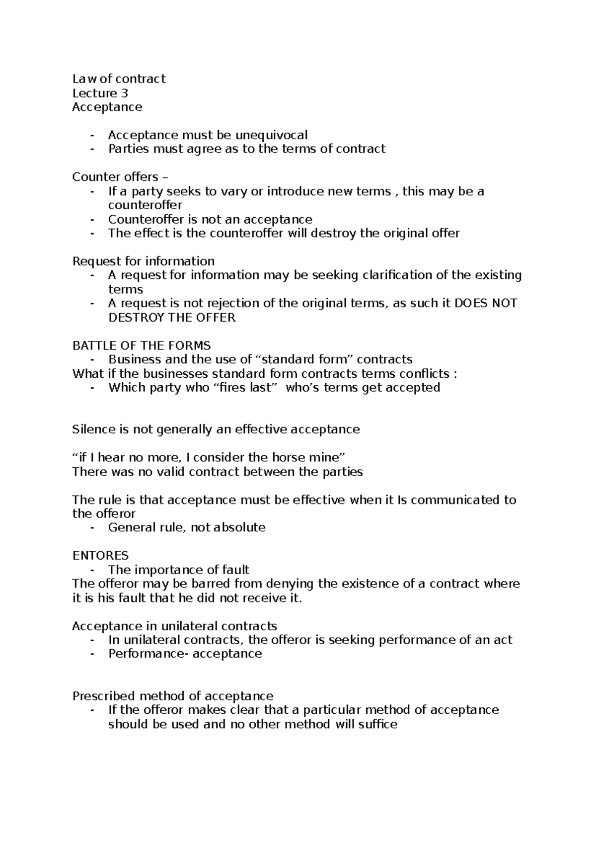 Lecture 3 notes - work - Law of contract Lecture 3 Acceptance ...