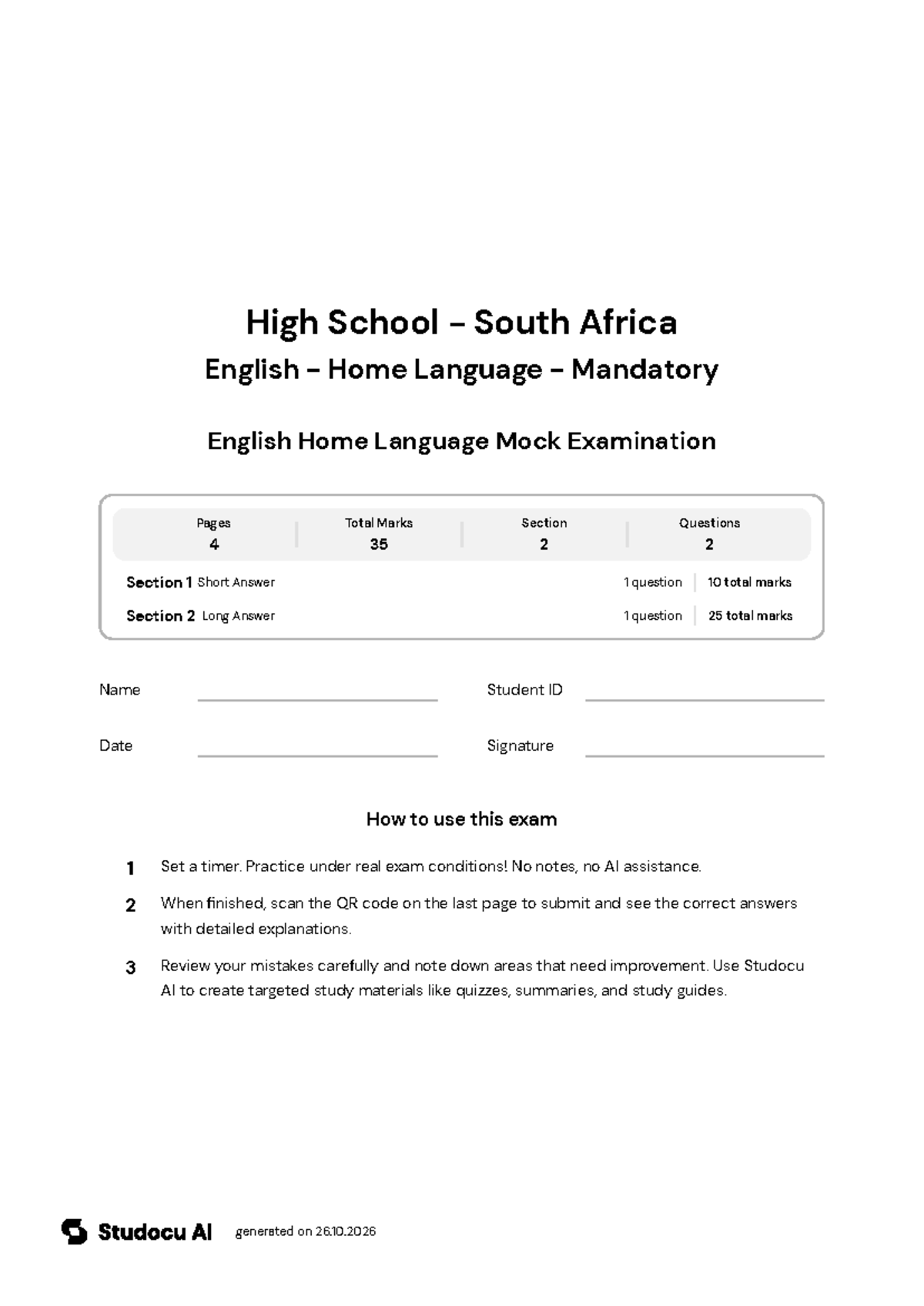 English Home Language Mock Exam - Studocu