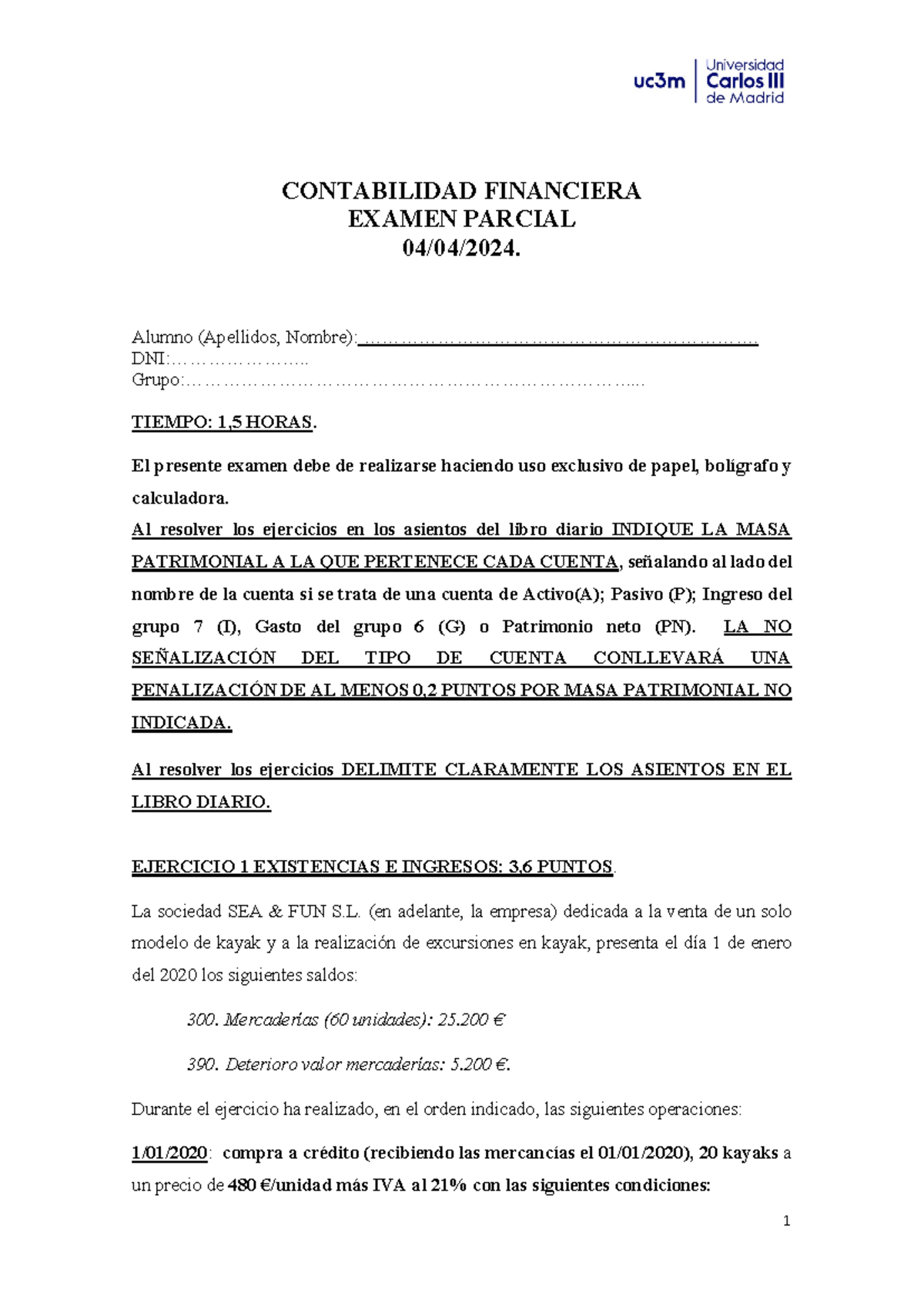 Examen Parcial Contabilidad Financiera 2024 - Getafe - Studocu