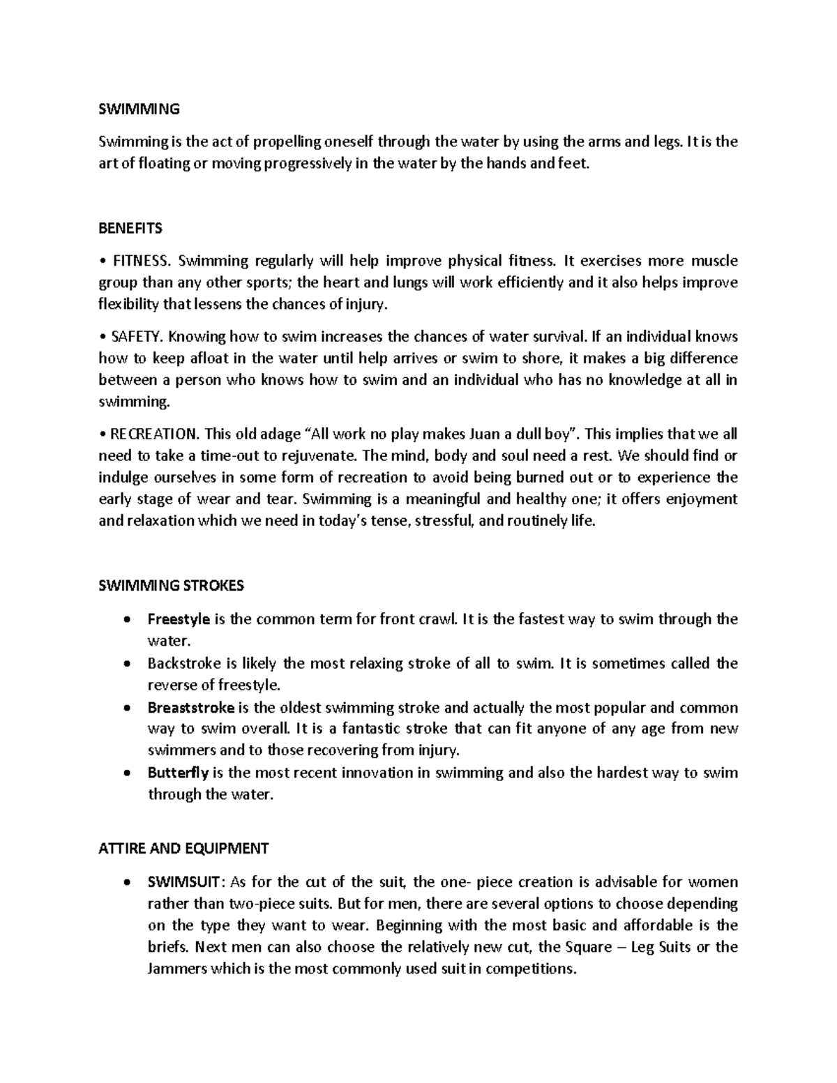 Swimming PE Notes: Techniques, Benefits & Safety Measures - Studocu