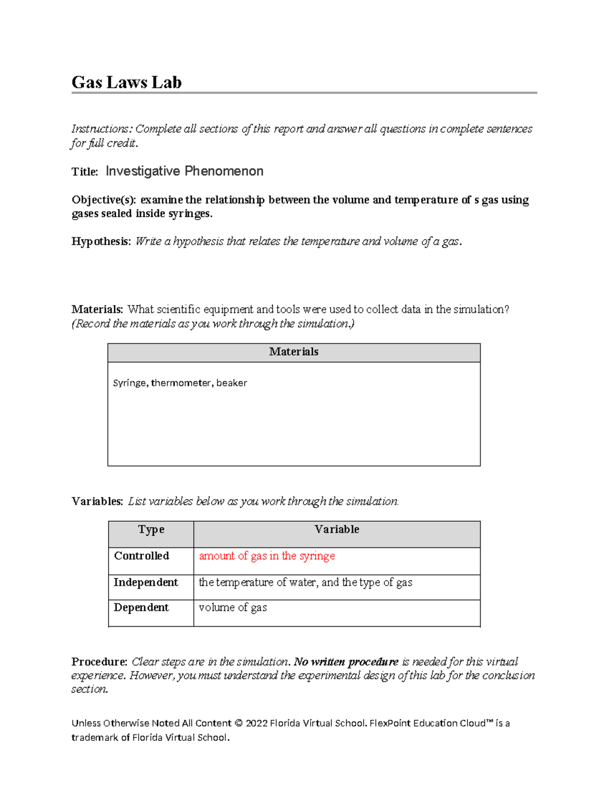 Gas Laws Lab Report for CHEM: Exploring Temperature-Volume ...