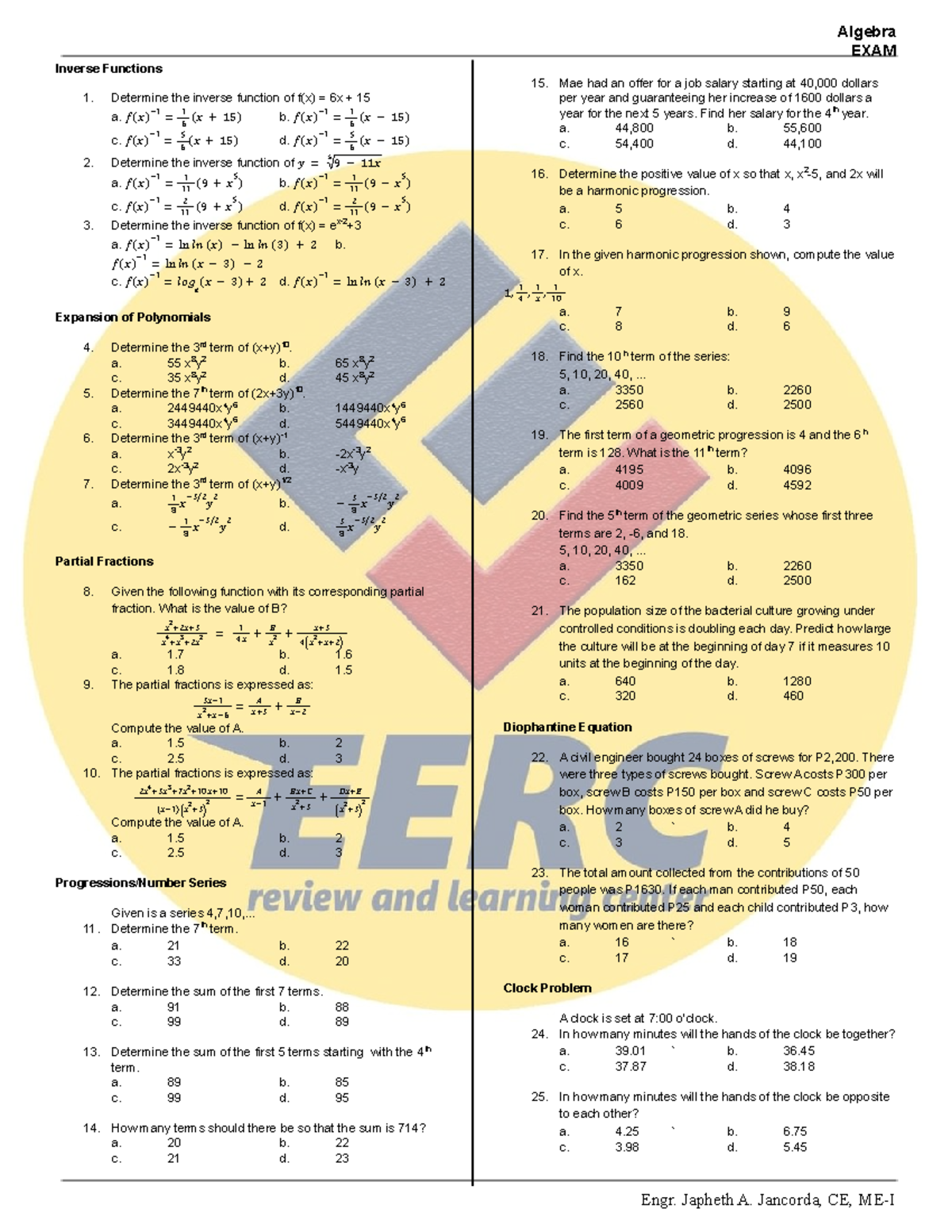 Algebra EXAM Questionnaire (Course Code: ME-I) - Studocu