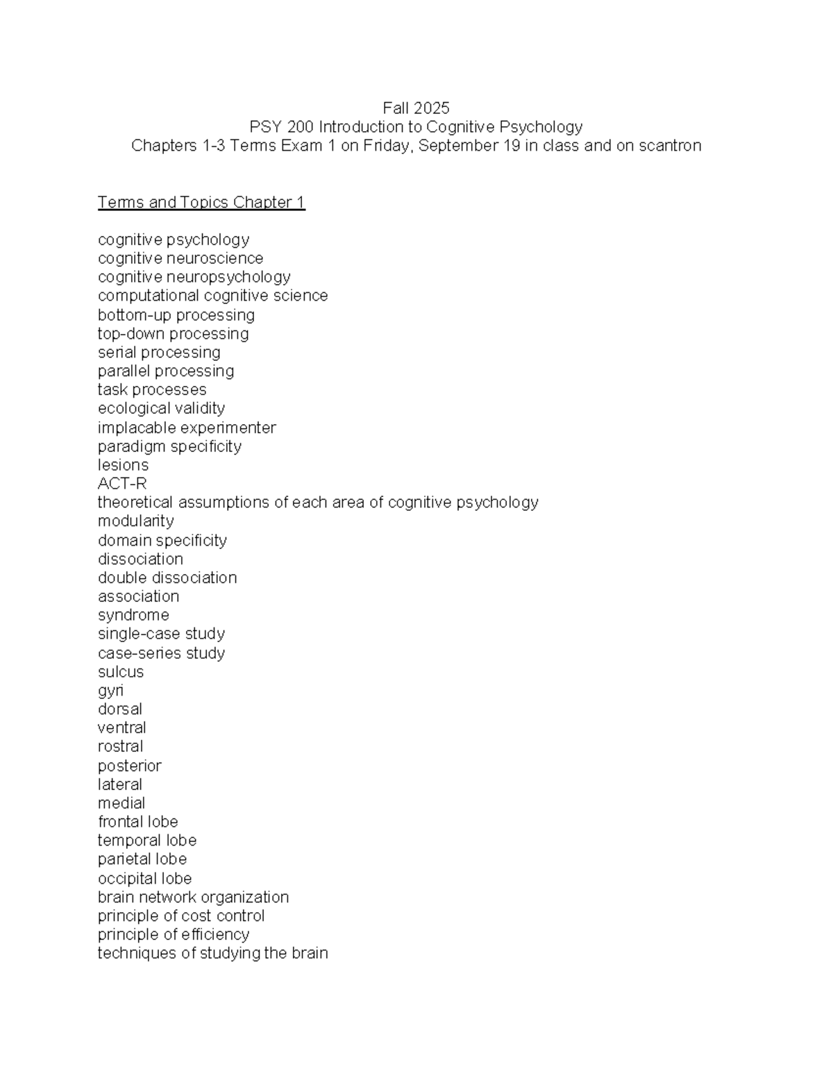 Fall 2025 PSY 200 Final Exam Study Guide: Cognitive Psychology Ch. 1-3 ...