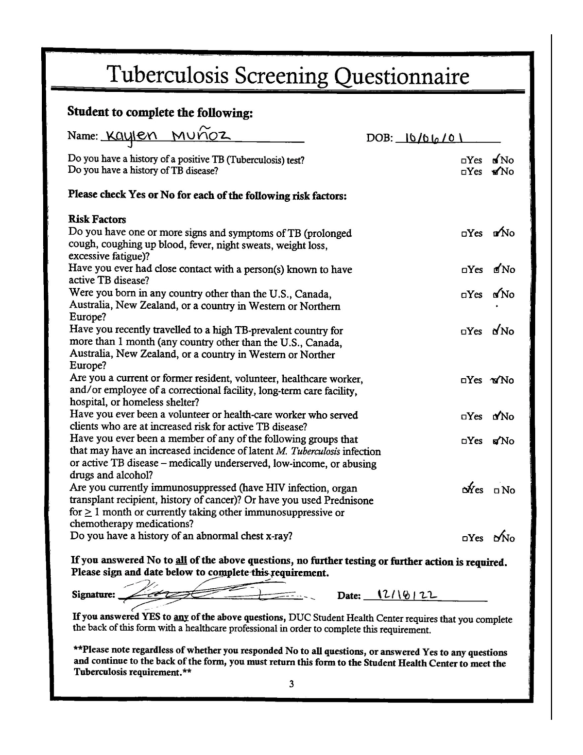 TB Screening Questionnaire for DUC Health Center Submission - Studocu