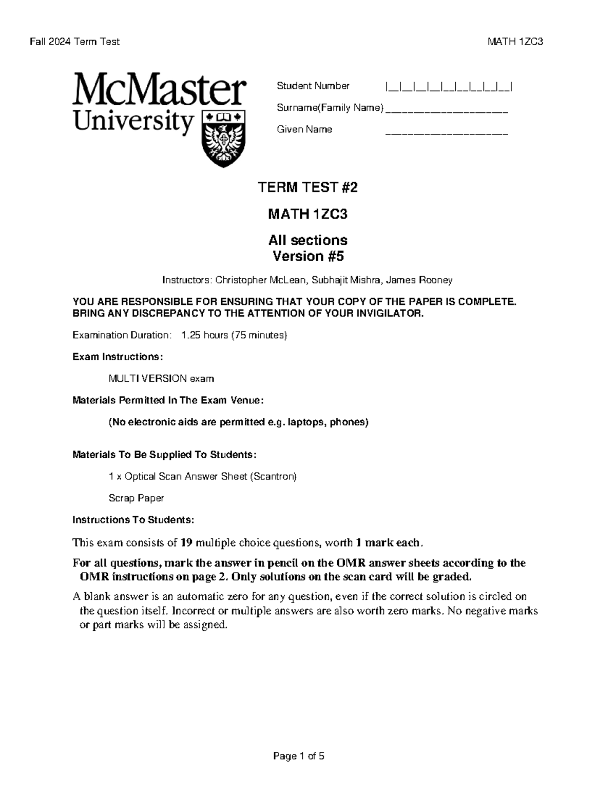 Math 1ZC3 Test 2 V5 - F24 - edit - TERM TEST MATH 1ZC All sections ...