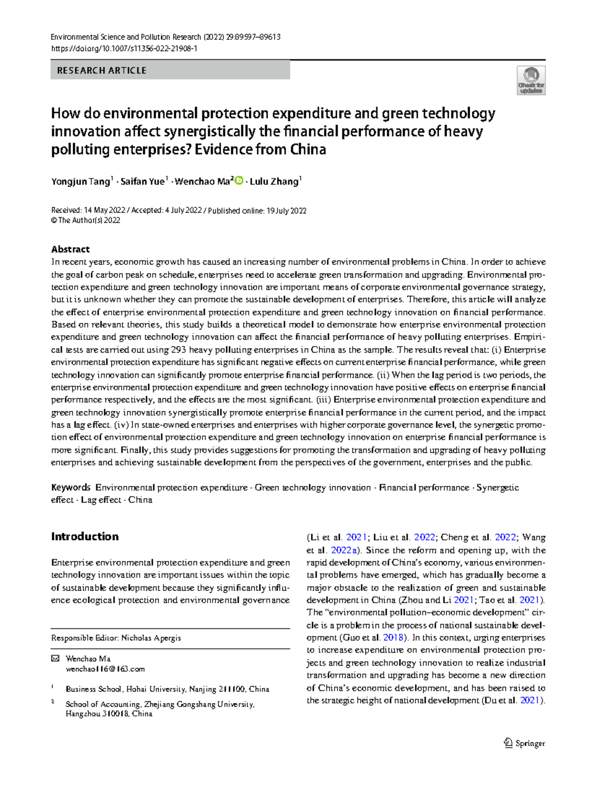 Synergistic Effects of Environmental Protection Expenditure and Green ...