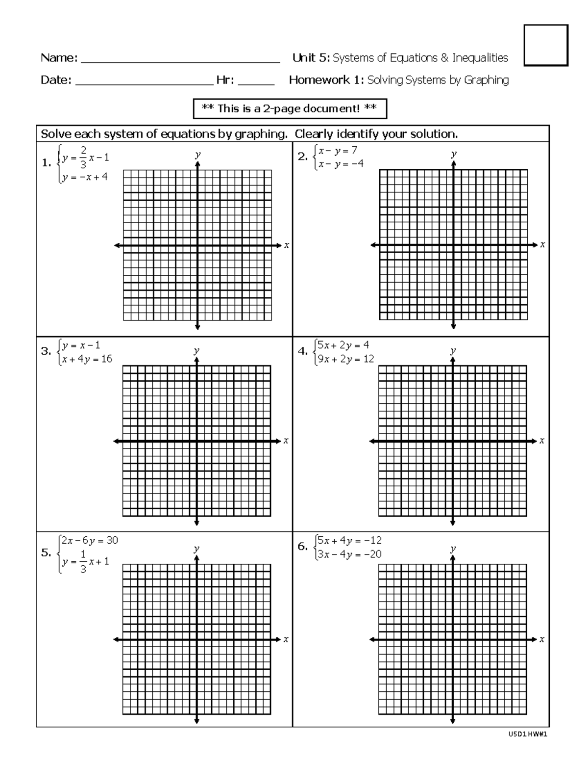 U5D1: Homework 1 - Solving Systems of Equations by Graphing - Studocu