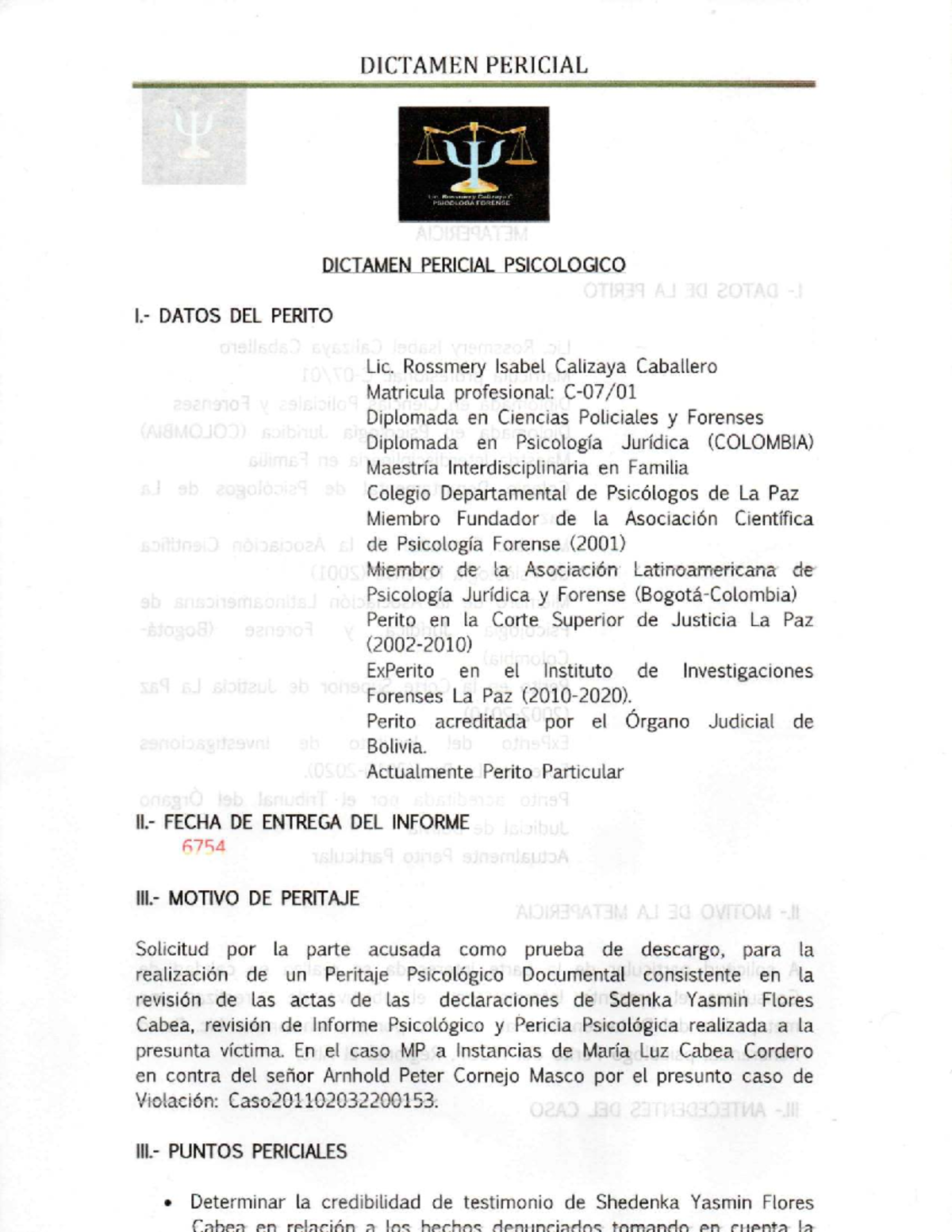 Dictamen Pericial Psicológico AJ 30 - Lic. Rossmery Calizaya C. - Studocu