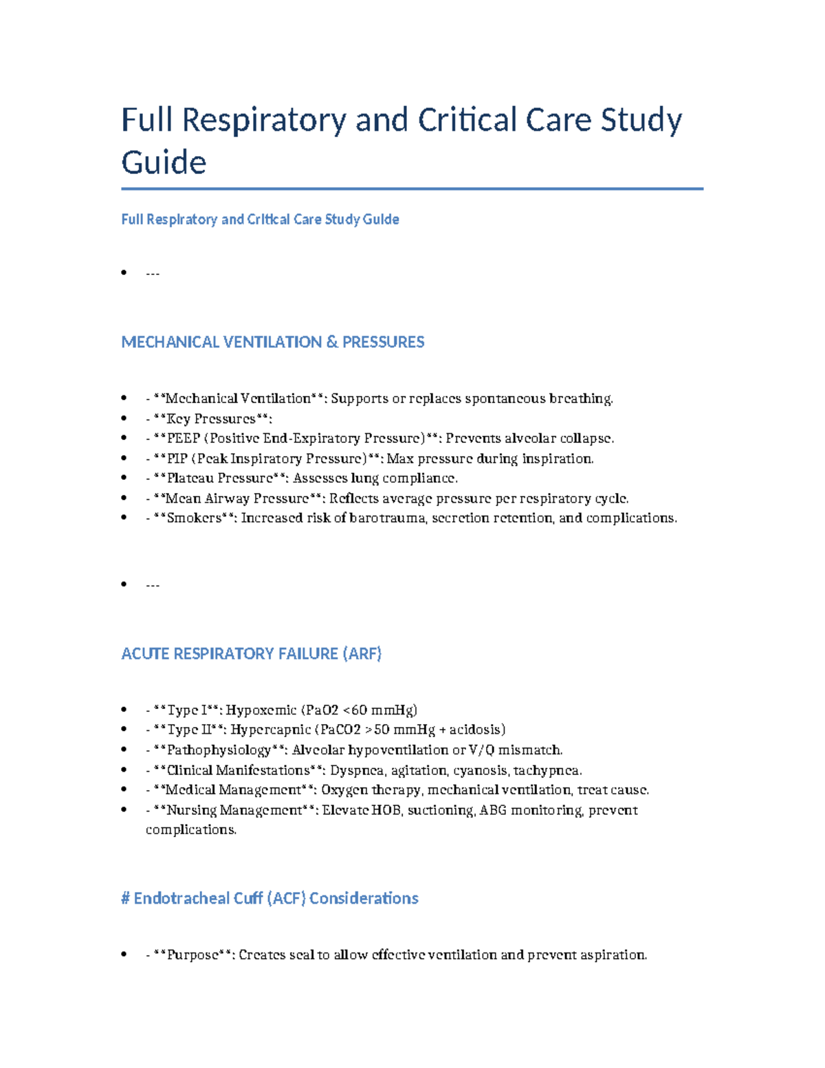 Respiratory & Critical Care Study Guide: Mechanical Ventilation & ARF ...