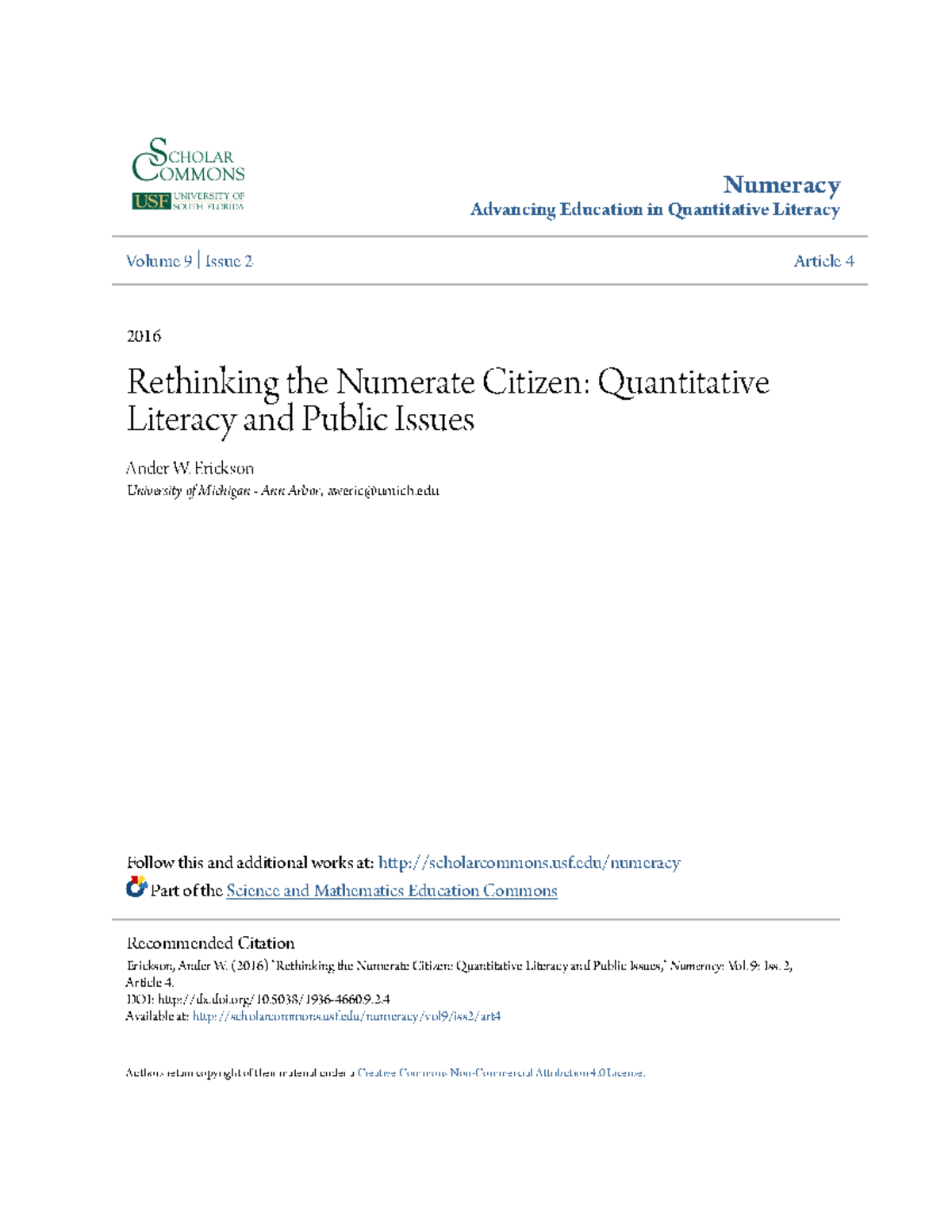 Rethinking the Numerate Citizen: QL & Public Issues (Numeracy 9.2 ...