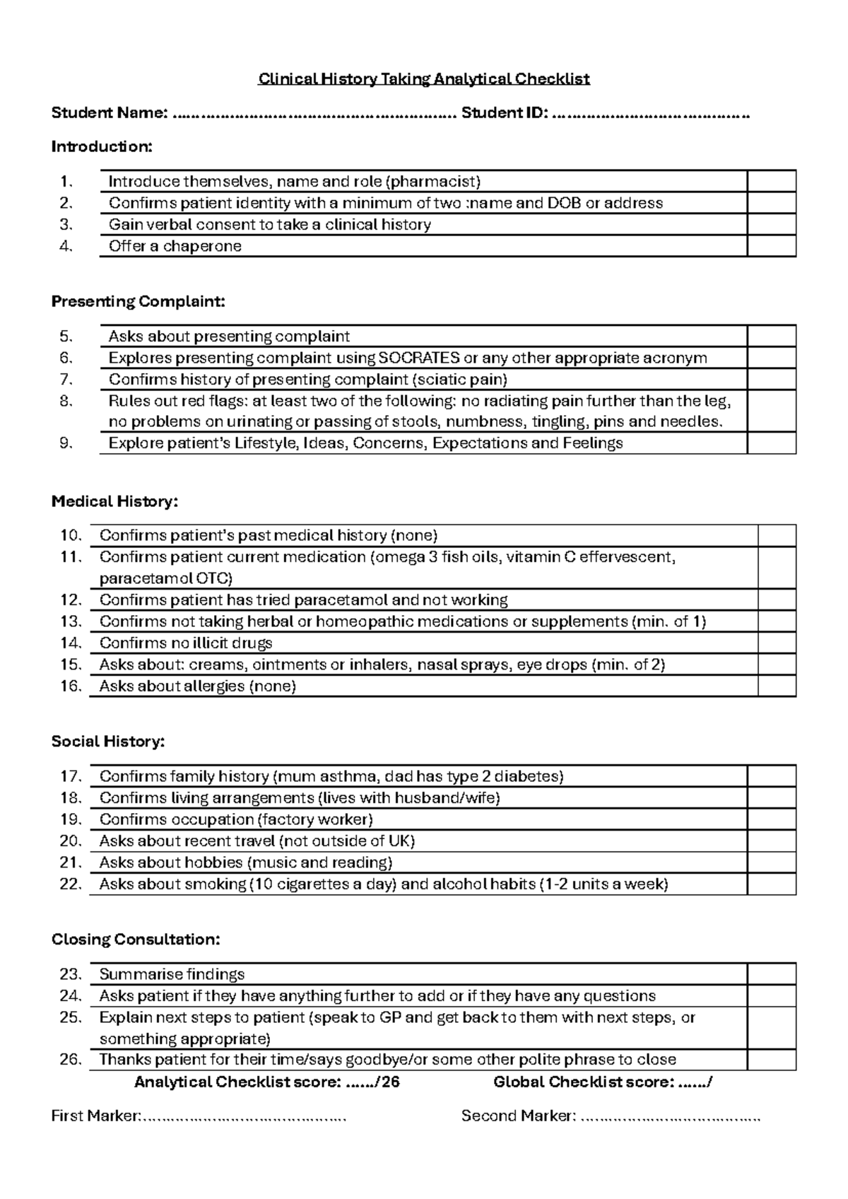 Clinical History Taking Checklist for Pharmacists (PHAR 101) - Studocu
