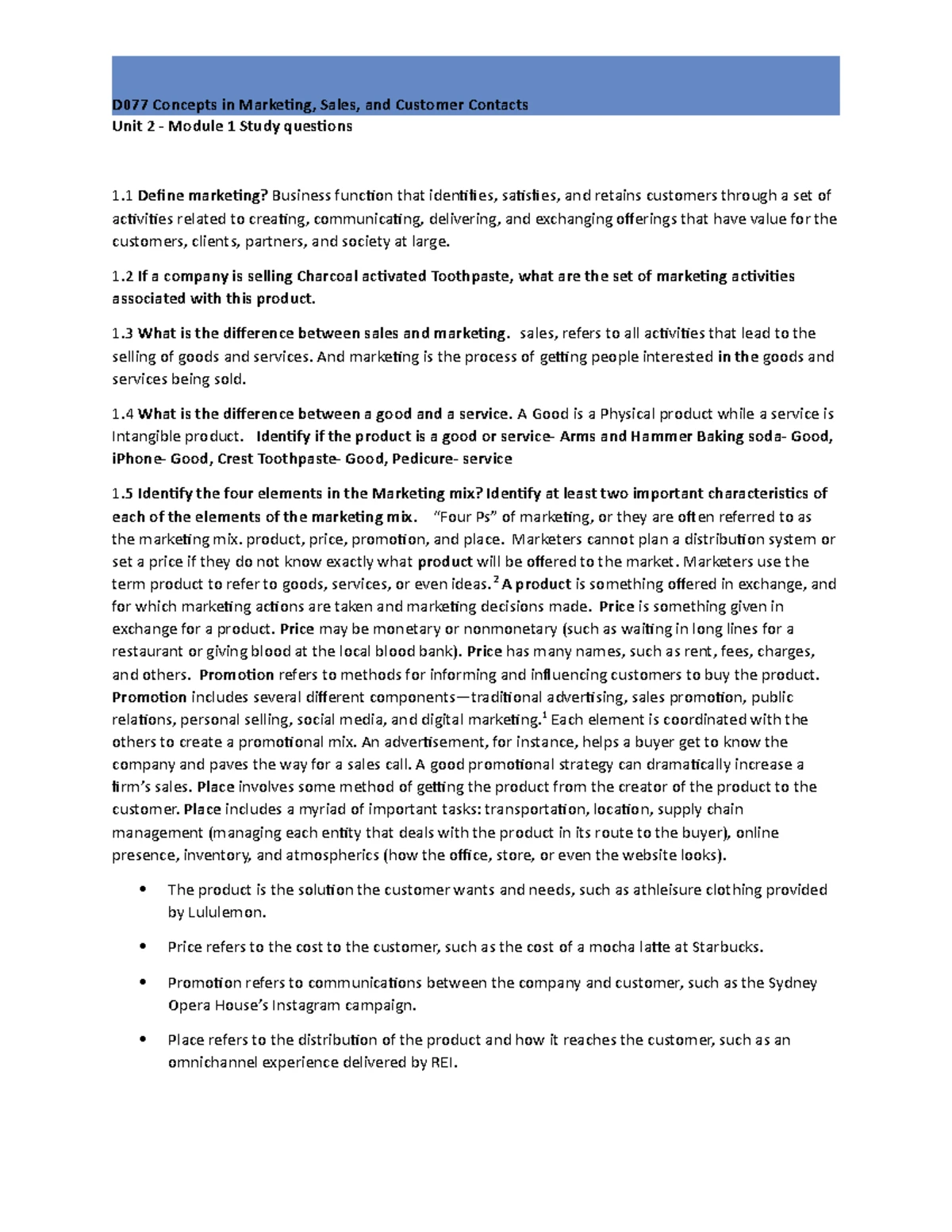 D077 Module 1 Study Questions and Key Marketing Concepts - Studocu