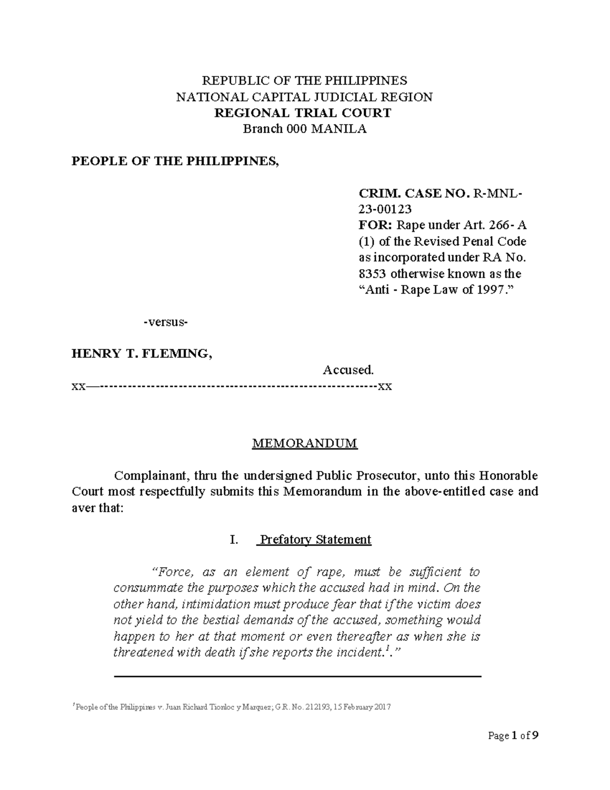 Trial Memorandum on Rape Case - LEGRES - Studocu