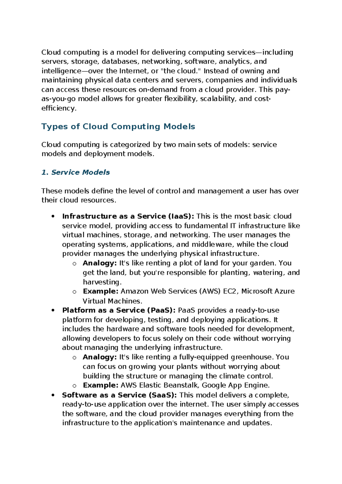Cloud Computing - Sample Notes on Models and Benefits - Studocu