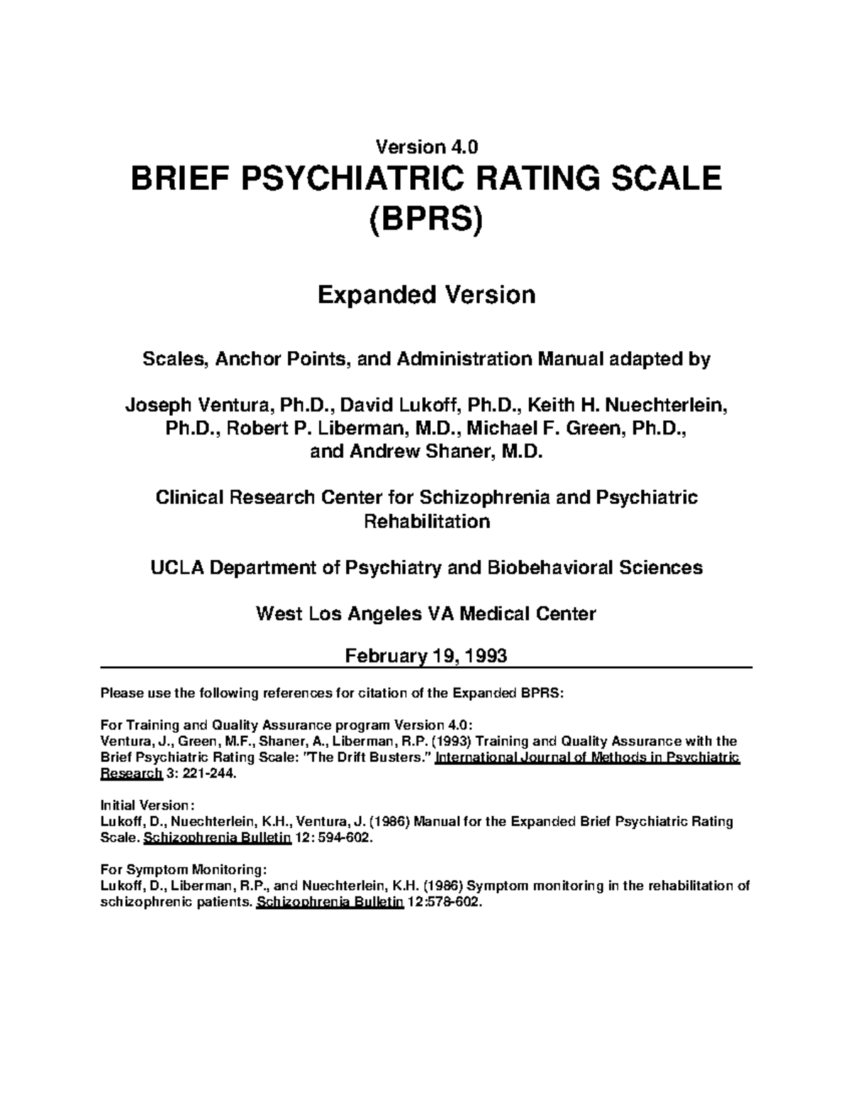 Expanded Brief Psychiatric Rating Scale (BPRS) Manual Version 4.0 - Studocu