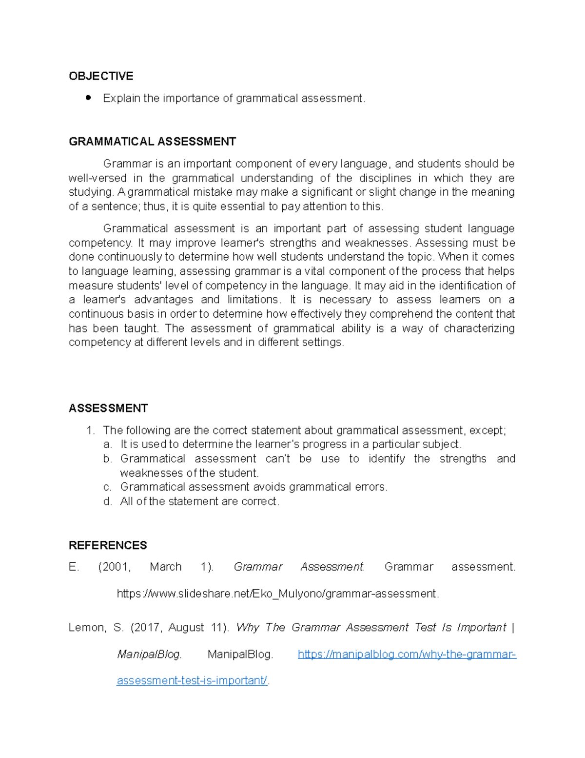 Grammatical Assessment Report: Importance and Evaluation Methods - Studocu