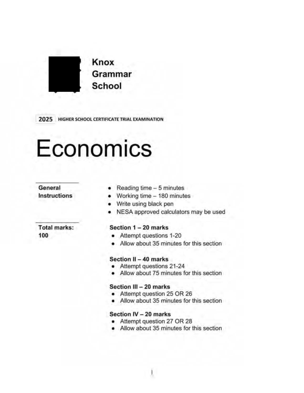 Knox Grammar School 2025 I Economics Trial Exam Guide - Studocu