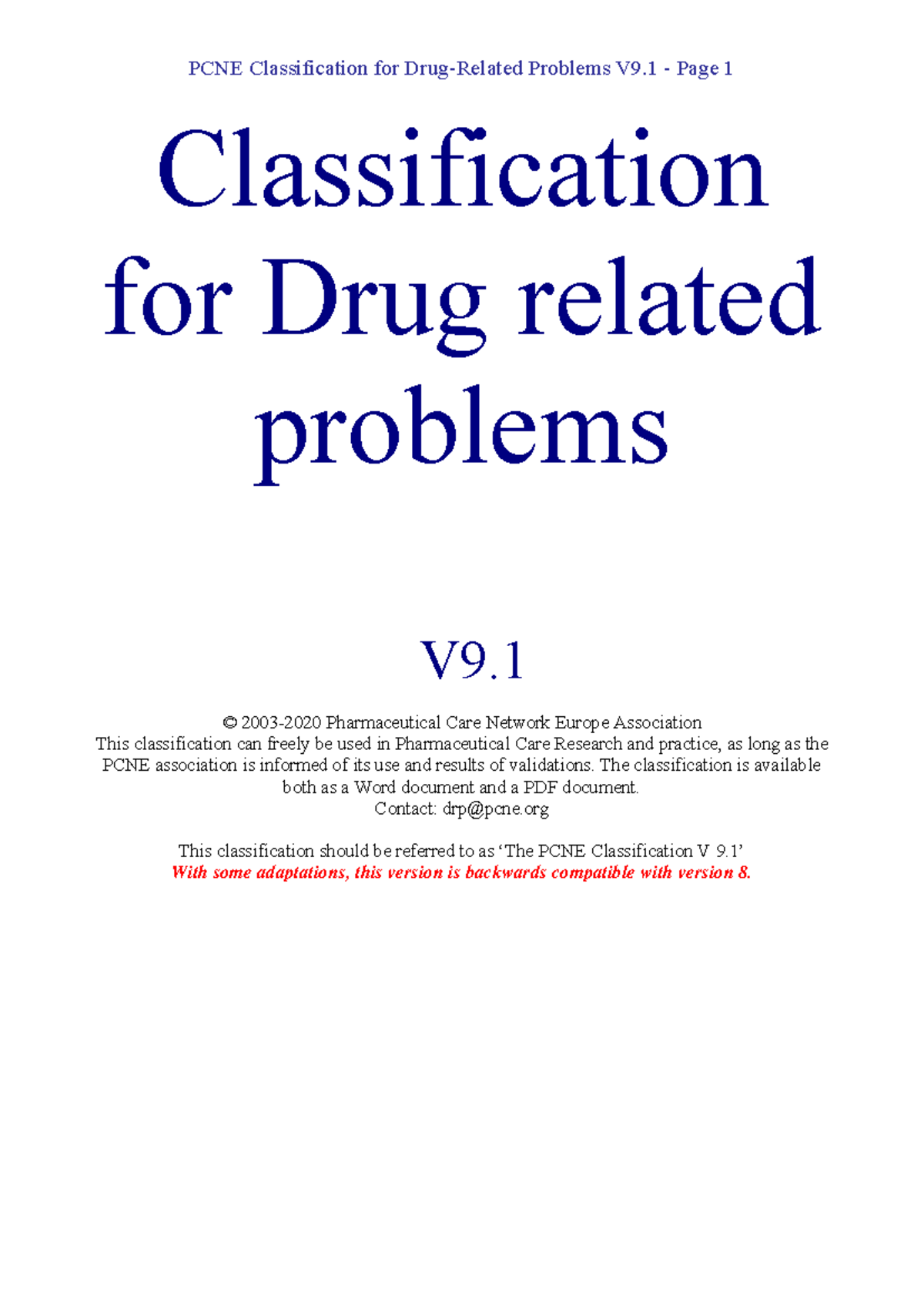 PCNE Classification V9-1: Final Report on Drug-Related Problems - Studocu