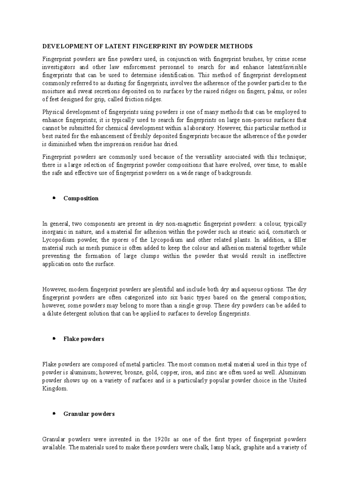 Development of Latent Fingerprints Using Powder Methods in Forensics ...