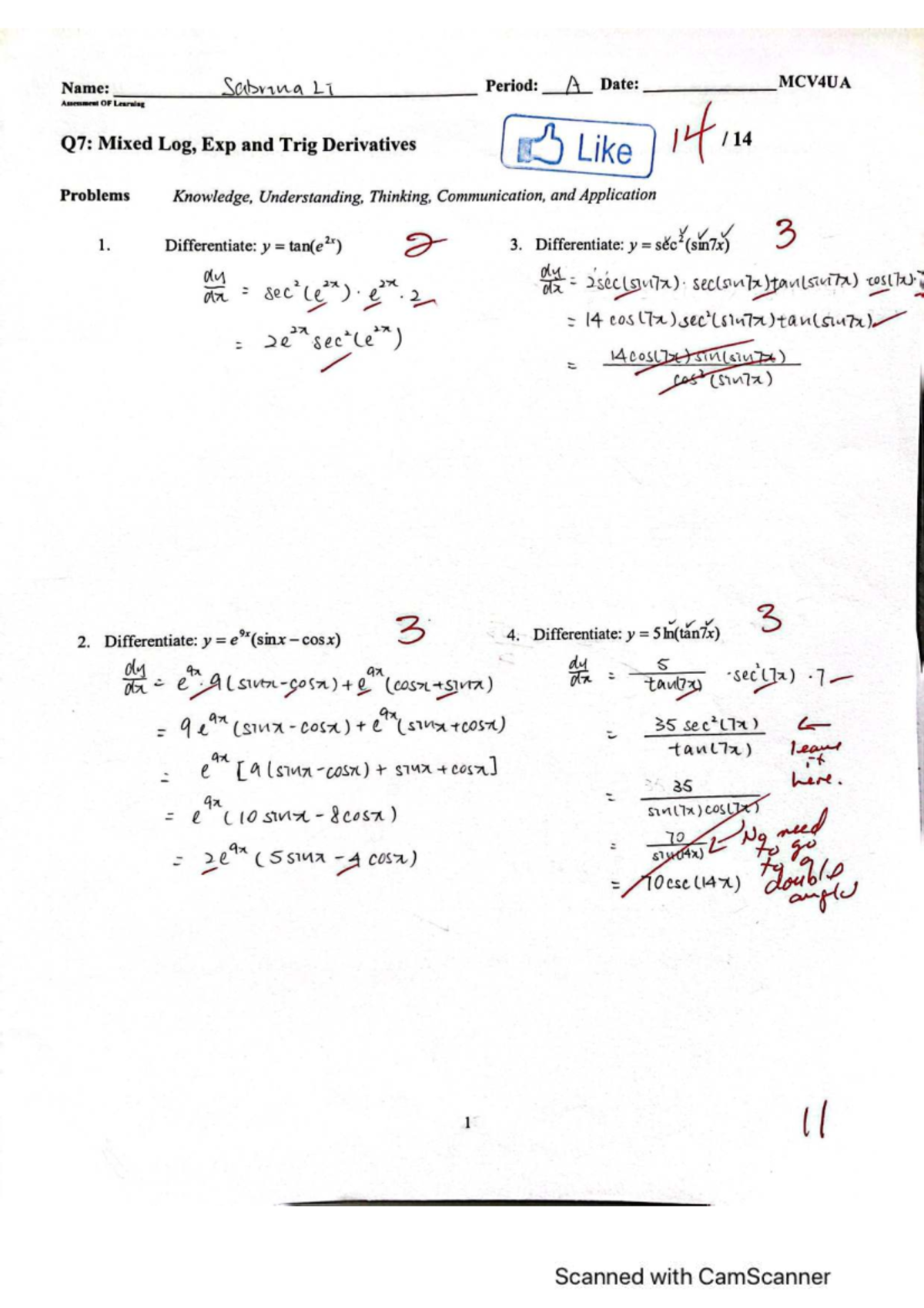 MCV4UA Final Exam: Mixed Log, Exp & Trig Derivatives Problems - Studocu
