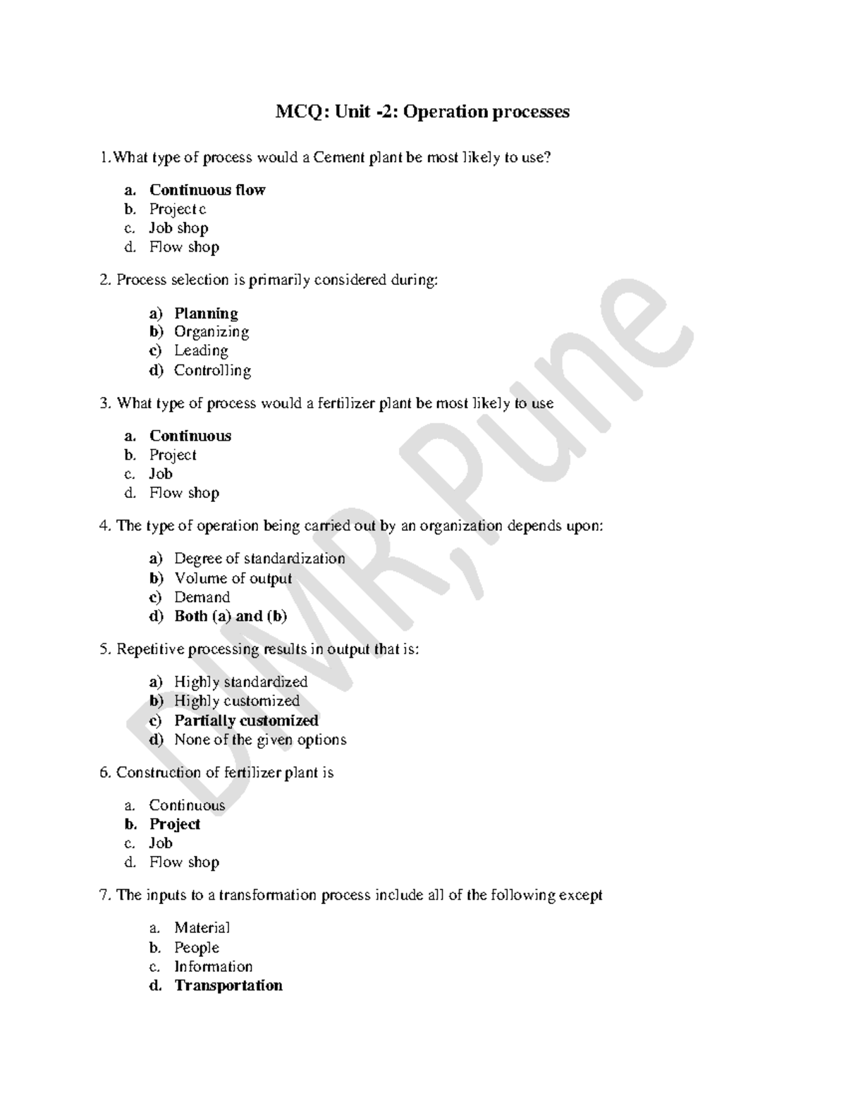 MCQ - POM 301: Chapter 5 Production and Operations Management - Studocu