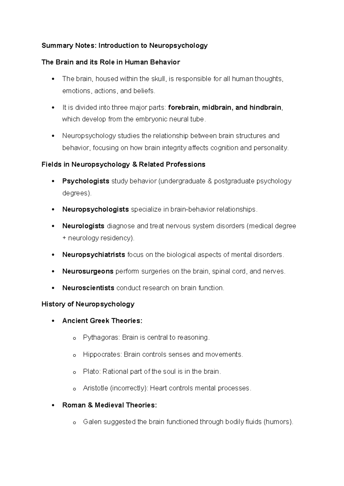 Unit 1 Neuropsychology Summary: The Brain's Role in Behavior and ...