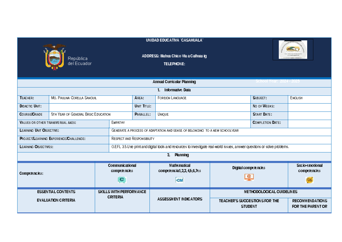 Annual Curricular Planning UEC 7th Grade 2024-2025 - Studocu