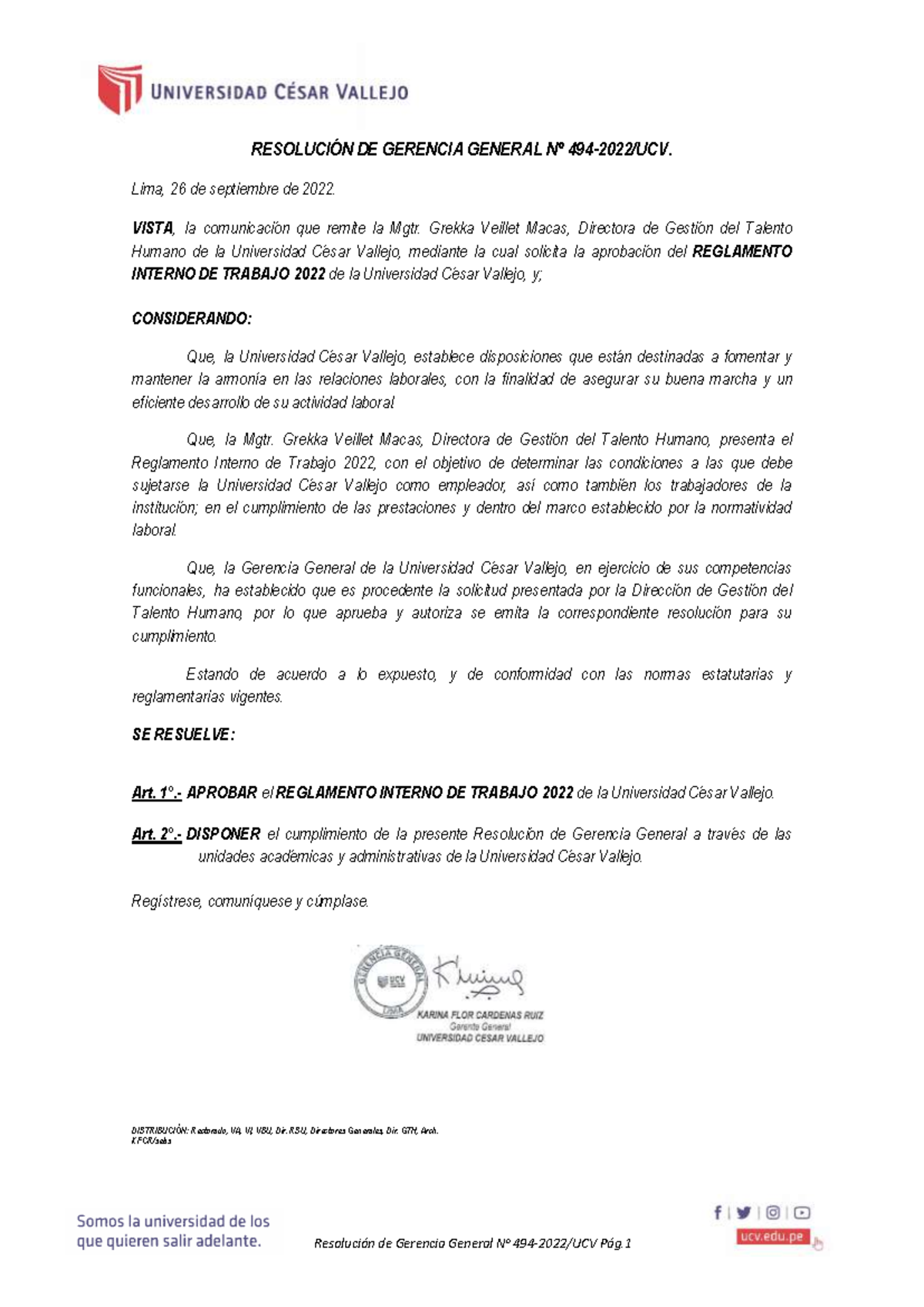 Reglamento Interno de Trabajo 2022: Disposiciones y Normativas UCV - Document Preview