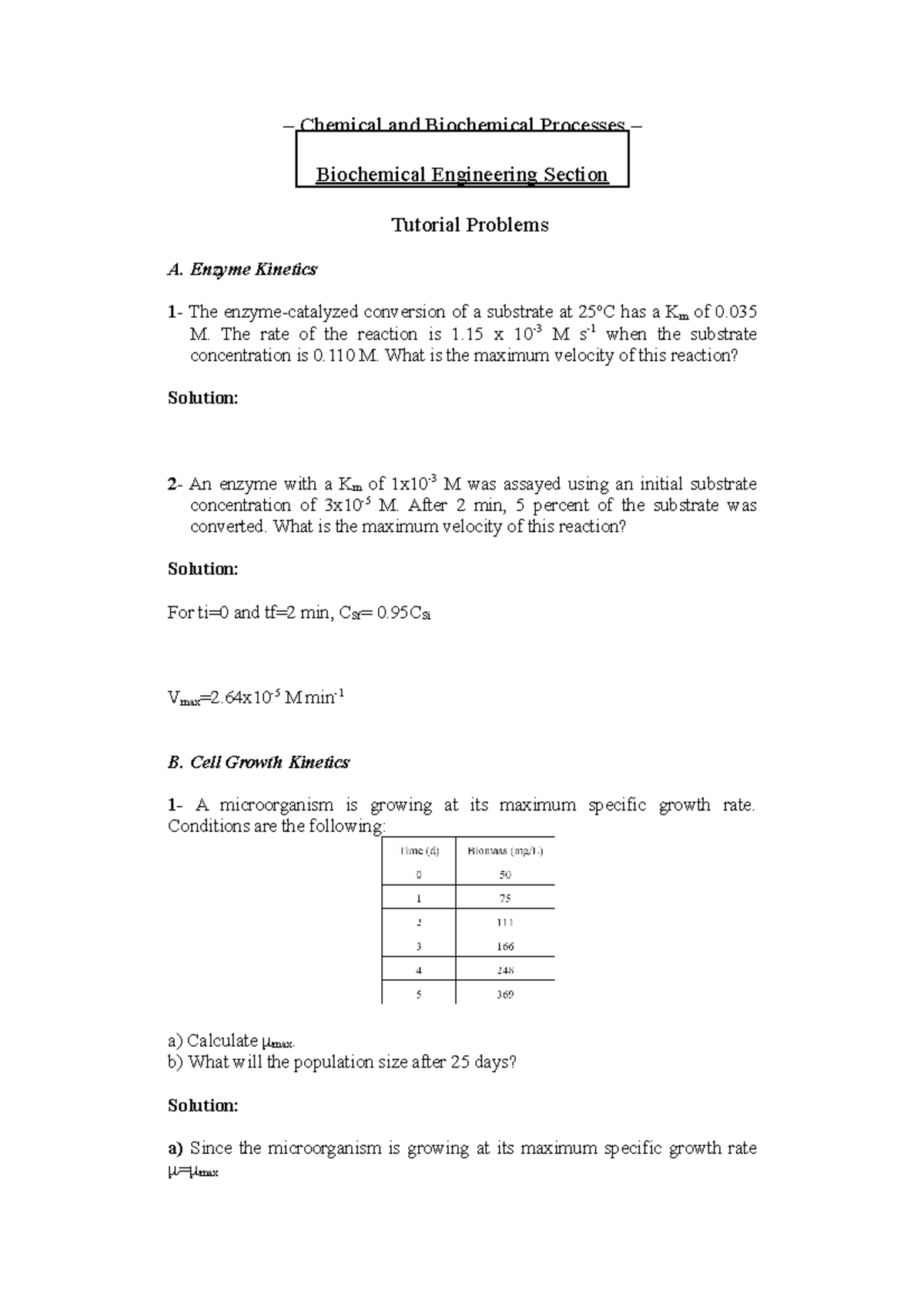 Biochemical Engineering Tutorial Work 1.3: Problems & Solutions - Studocu