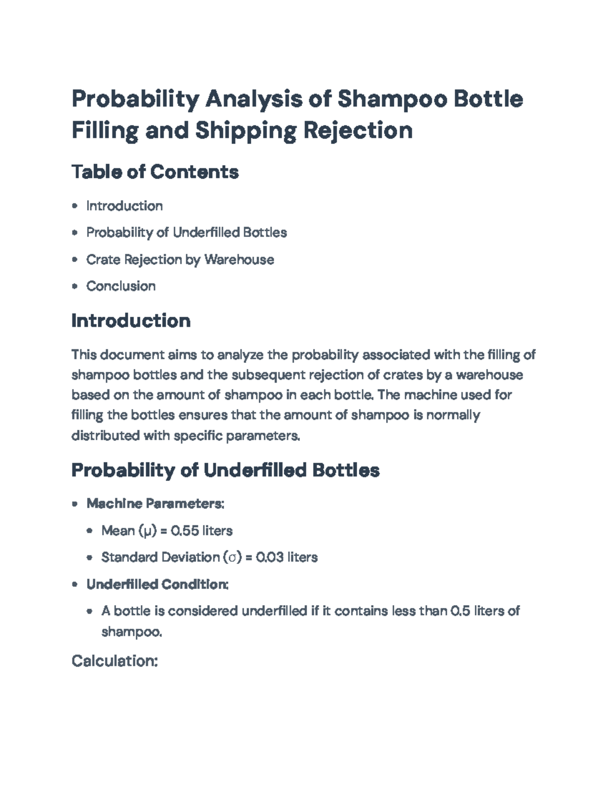 Probability Analysis of Shampoo Bottles: Underfilled & Crate Rejection ...