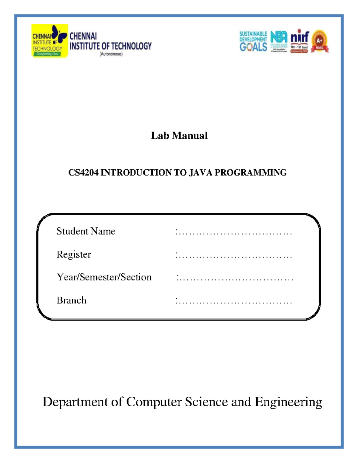 Lab Manual CS4204: Introduction to Java Programming and Exercises - Studocu