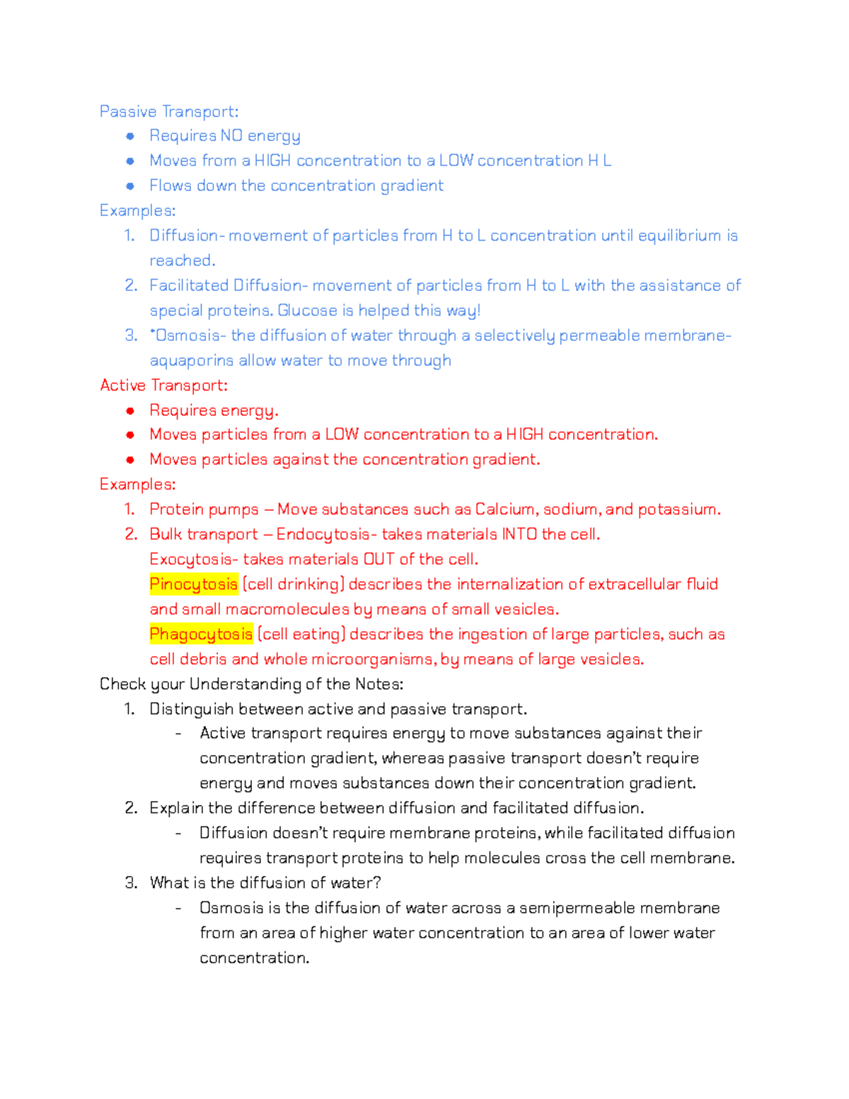 Class Notes on Cell Transport: Passive & Active Mechanisms (BIO101 ...