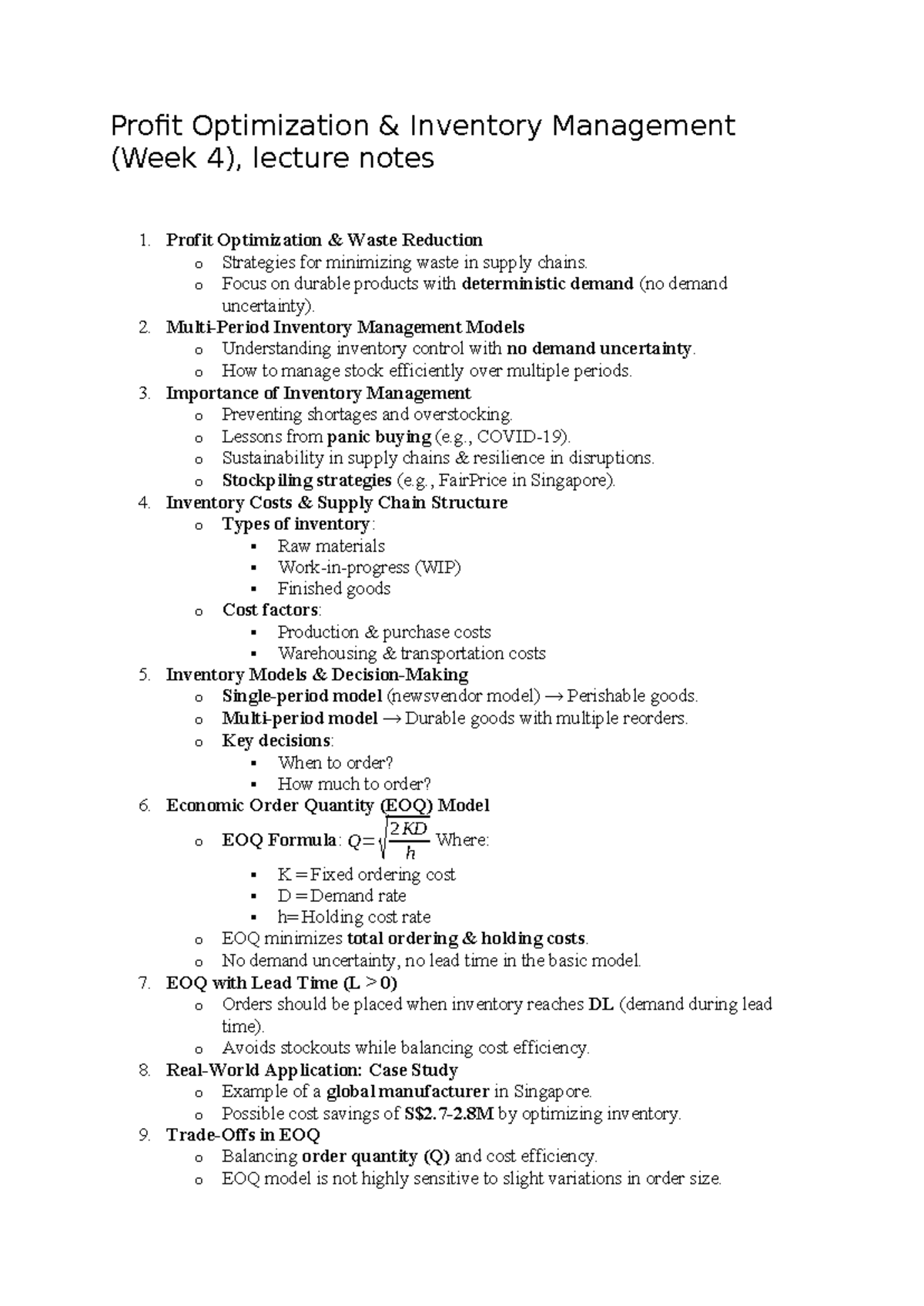 DOS3701- Week 4 lecture notes - Profit Optimization & Inventory ...