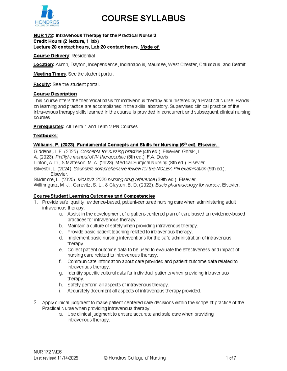 NUR 172: Syllabus for Intravenous Therapy Course (WI26) - Studocu