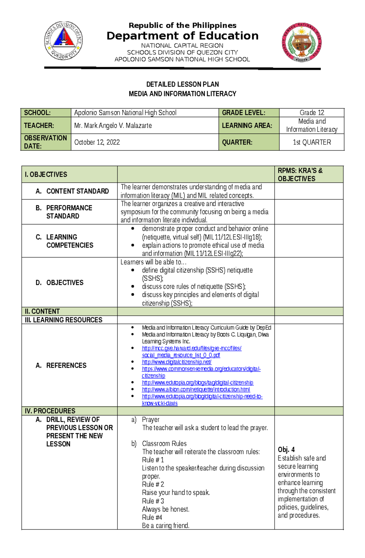 Detailed Lesson Plan on Media & Info Literacy - MIL-COT-1 - Studocu