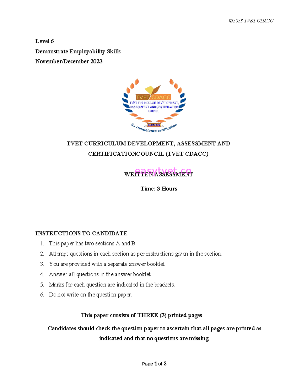 TVET CDACC Level 6 Employability Skills Practical Assessment 2023 - Studocu