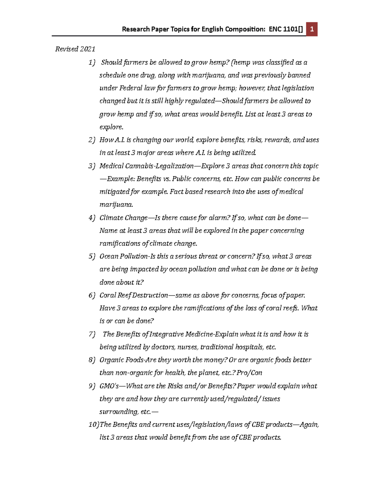 ENC 1101 Module 03 Research Paper Topics for Eng. Composition 2021 ...