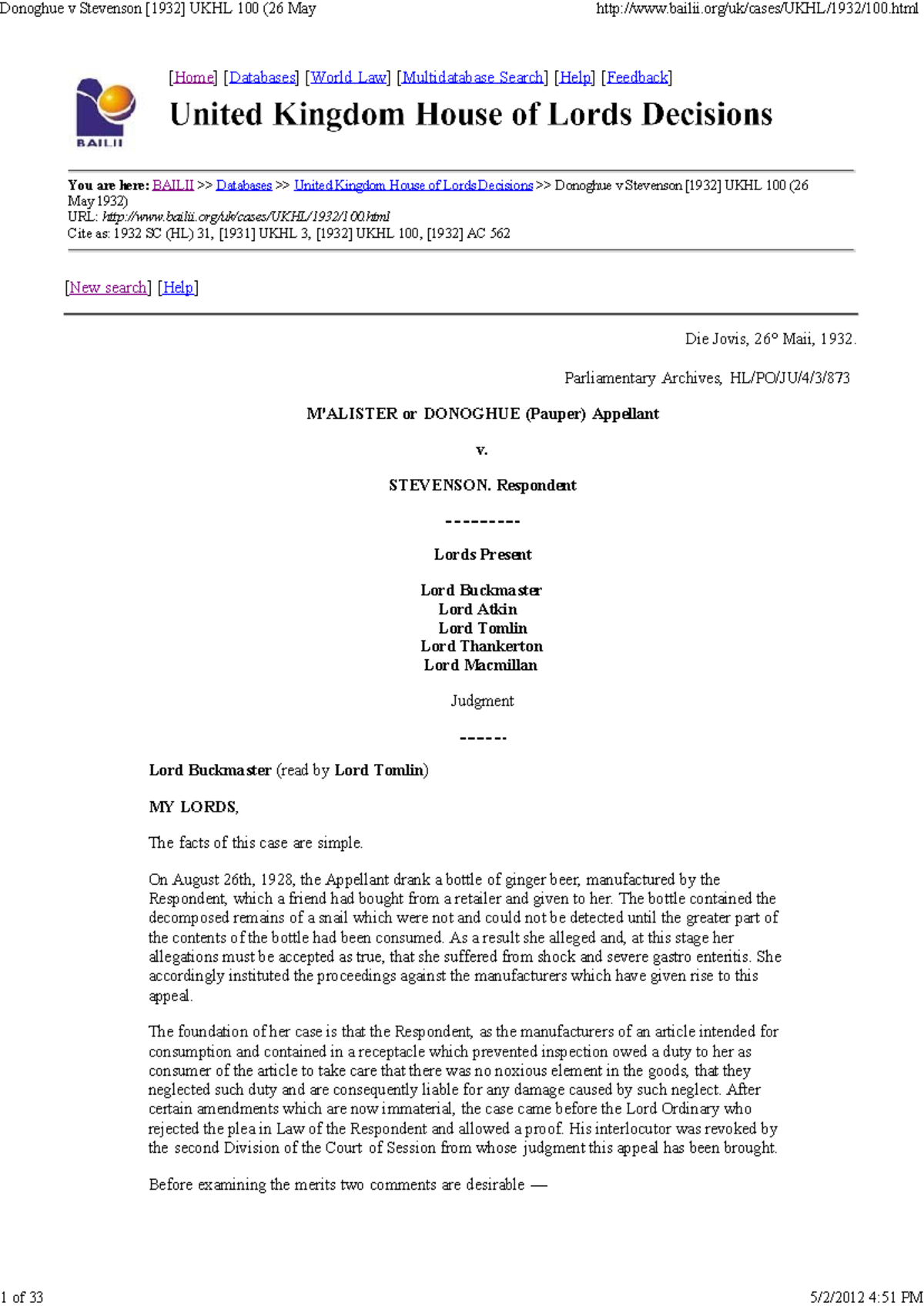 Donoghue v Stevenson UKHL 100 (1932) - Case Analysis and Judgment ...
