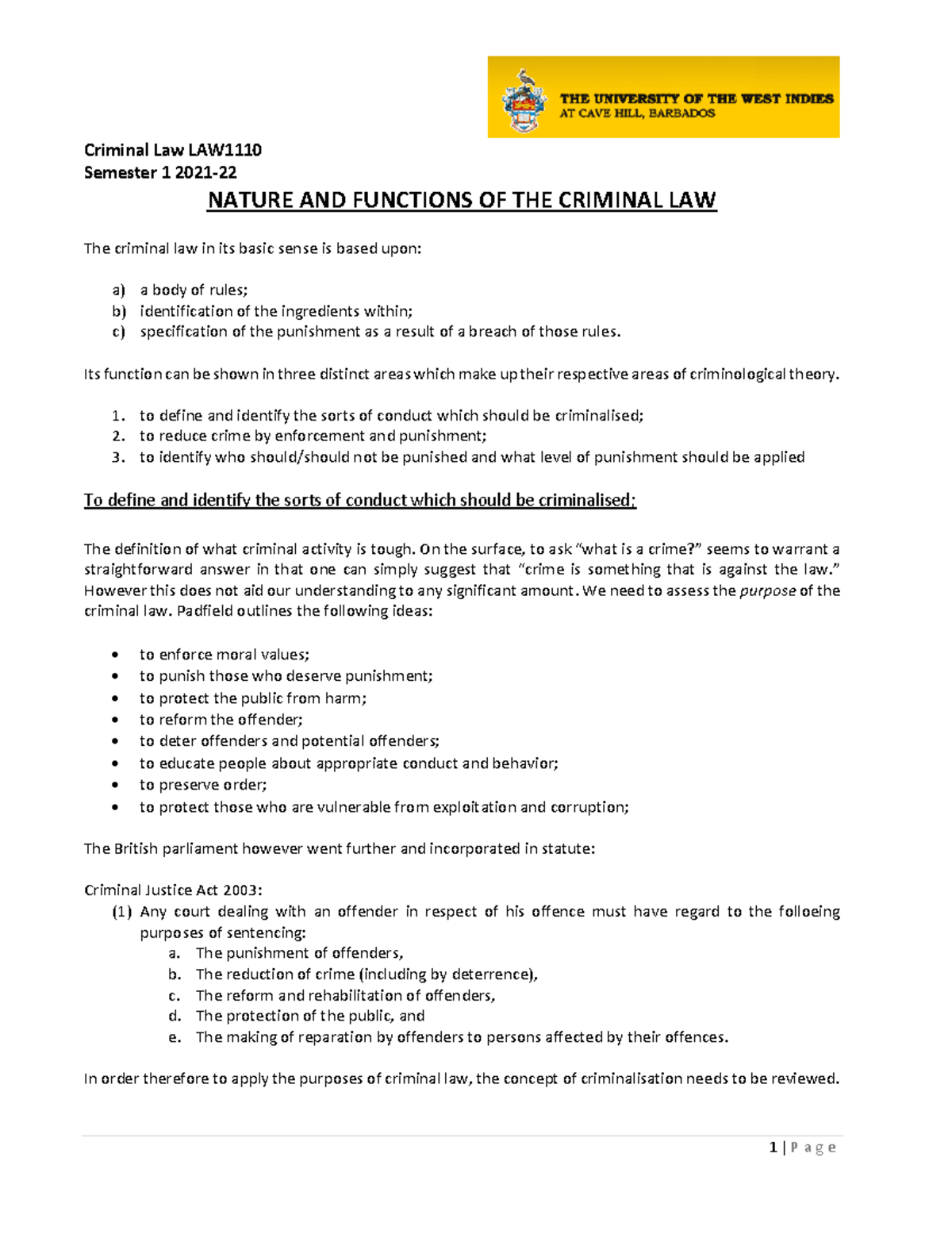 ALL Semester 1 Lectures on Criminal Law 2021: Concepts & Theories - Studocu