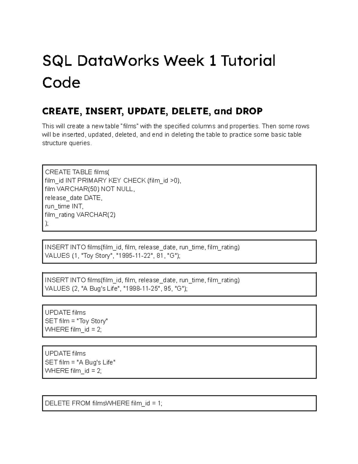 SQL 101: Week 1 Tutorial on CREATE, INSERT, UPDATE, DELETE - Studocu