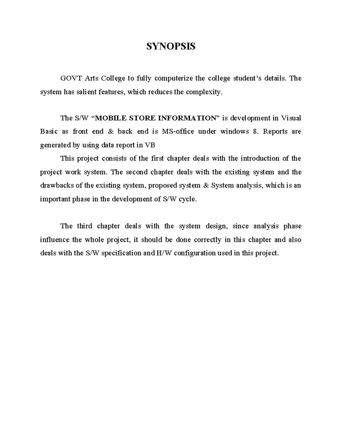 Synopsis of Computerization Project for GOVT Arts College - Studocu