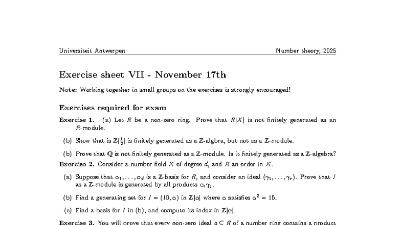 Number Theory (2025) - Exercise Sheet VII: Week 7 Tasks - Studocu