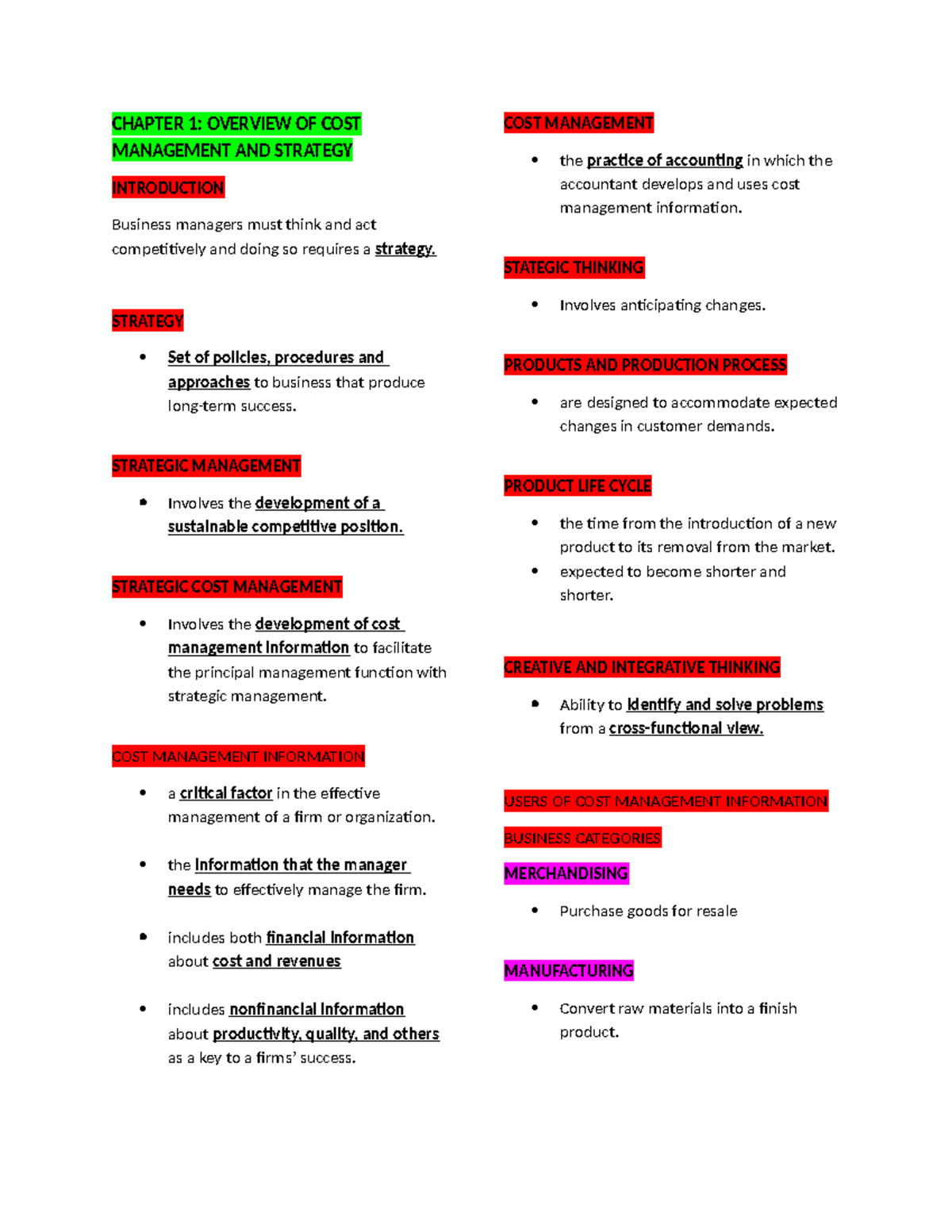 CHAPTER 1: OVERVIEW OF COST MANAGEMENT STRATEGY REVIEW NOTES - Studocu