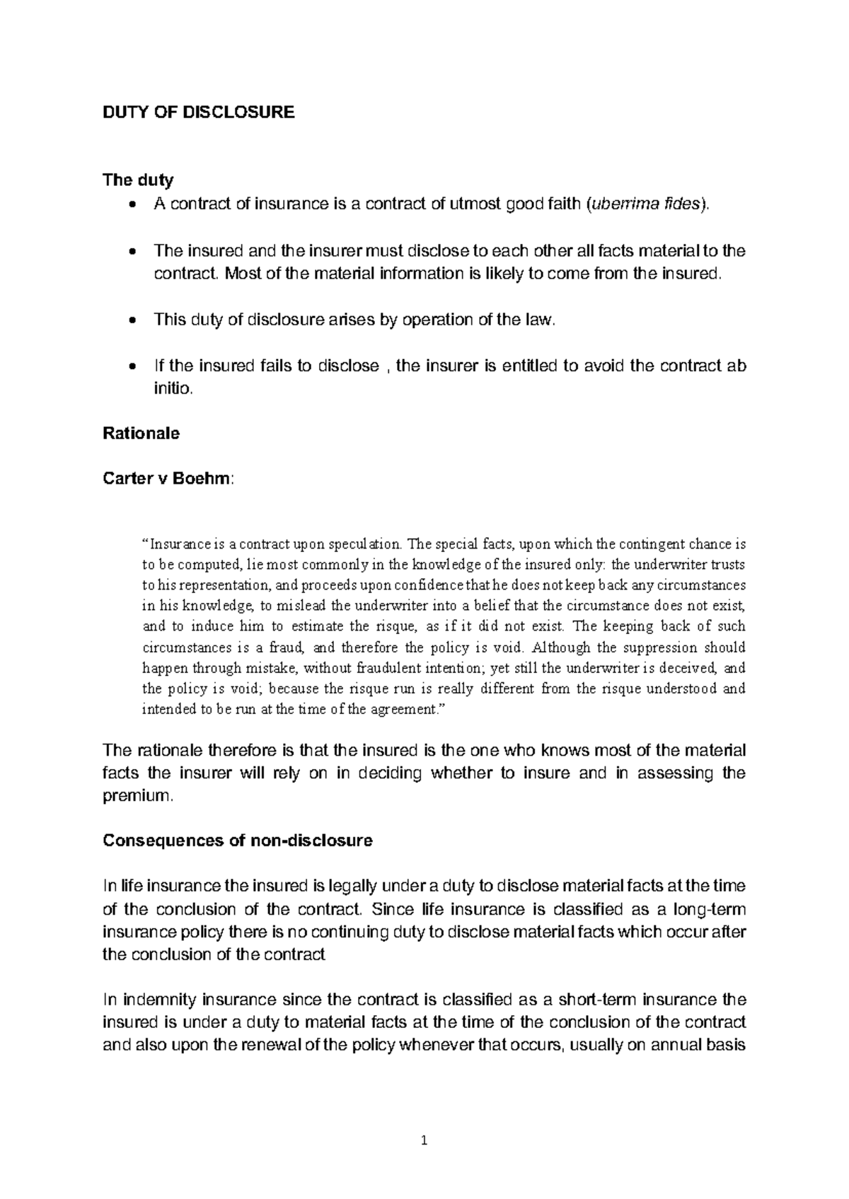 DUTY OF DISCLOSURE IN INSURANCE: KEY CONCEPTS AND CASE LAW - Studocu