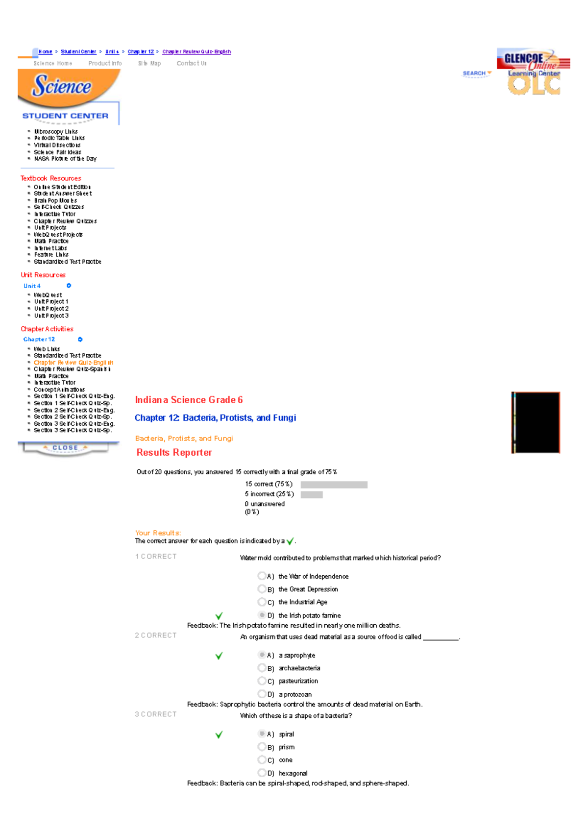 Indiana Science Grade 6 Unit 4 Chapter 12 Review: Bacteria, Protists ...