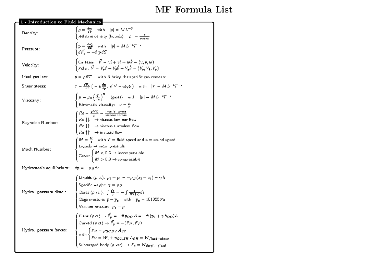 MF T1-4: Comprehensive Formula List for Fluid Mechanics - Studocu