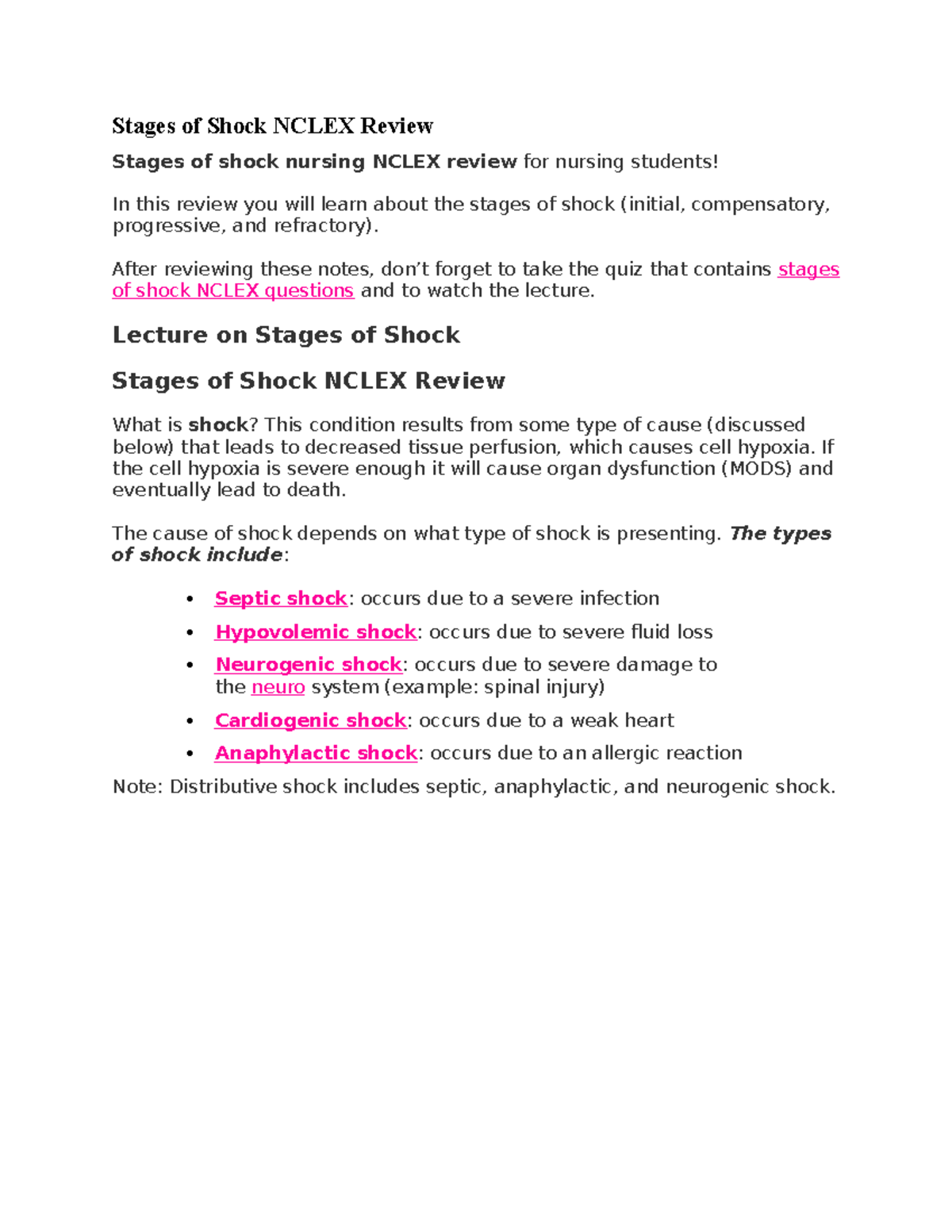 Hypovolemic Shock Nursing Questions