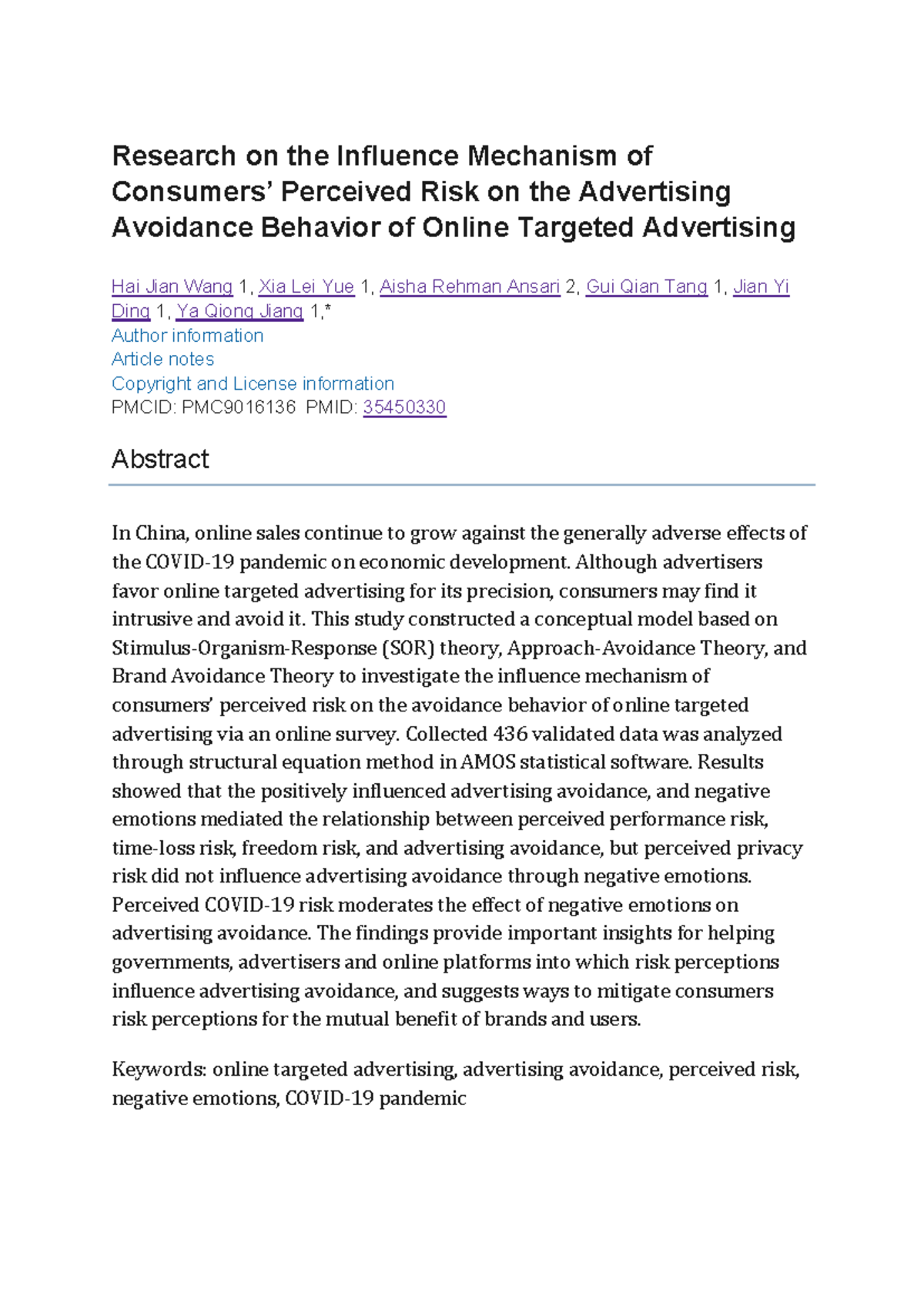 Research on Perceived Risk and Advertising Avoidance in Online Targeted ...